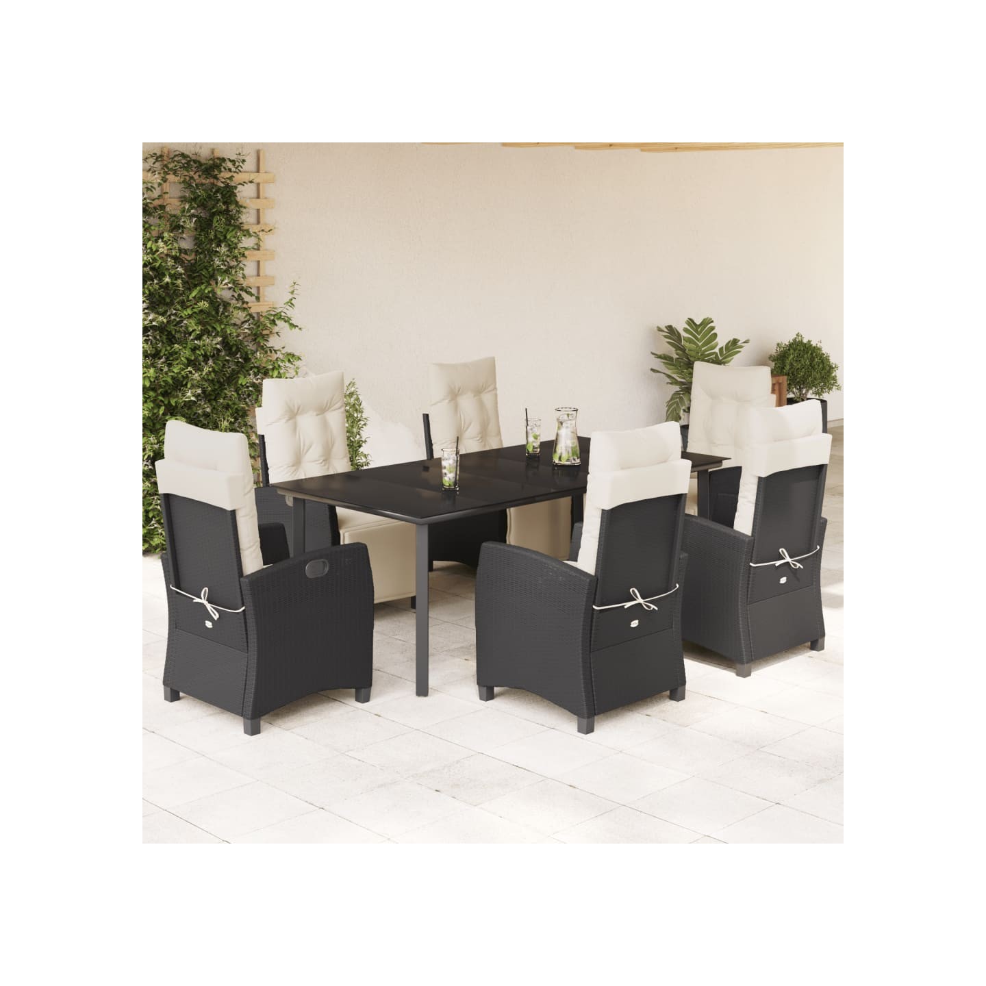 Ensemble à manger de jardin coussins 7pcs Noir Résine tressée