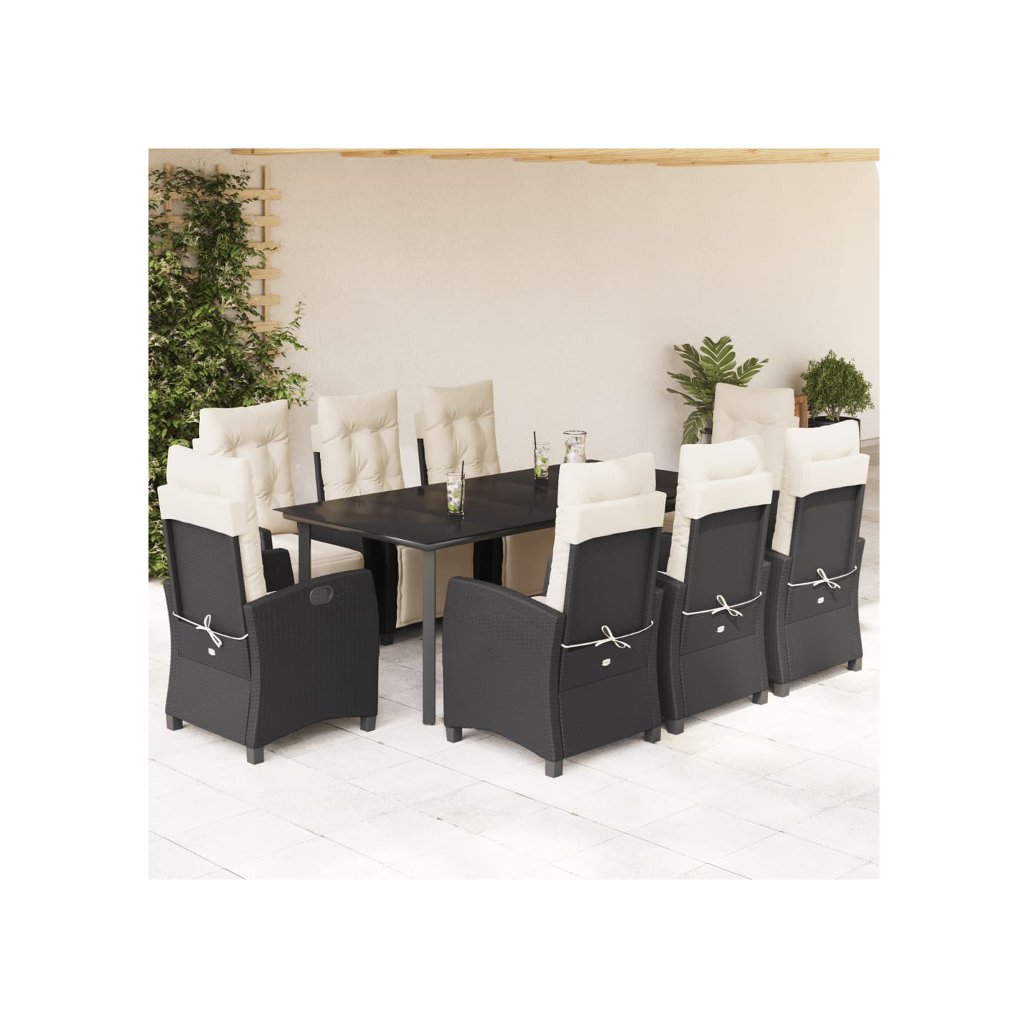 Ensemble à manger de jardin 9pcs coussins noir résine tressée