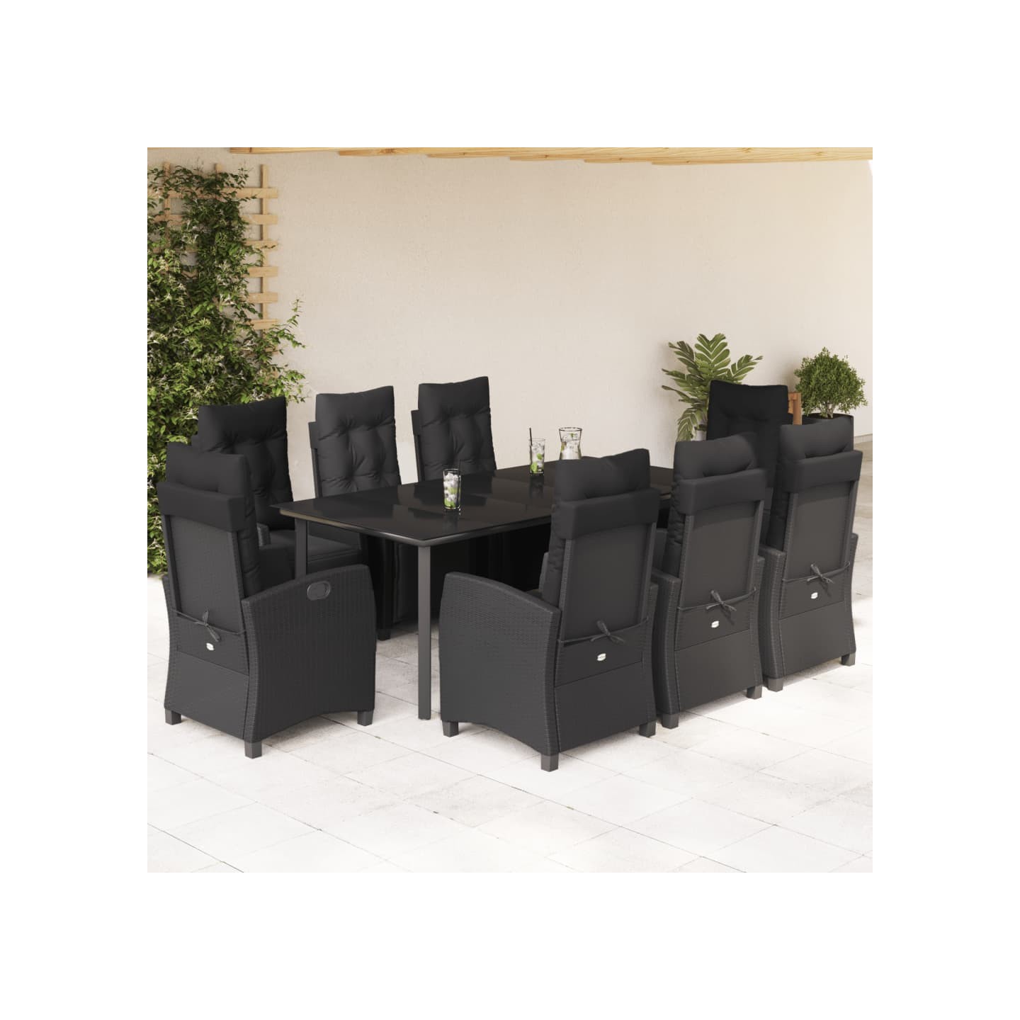 Ensemble à manger de jardin 9pcs coussins noir résine tressée