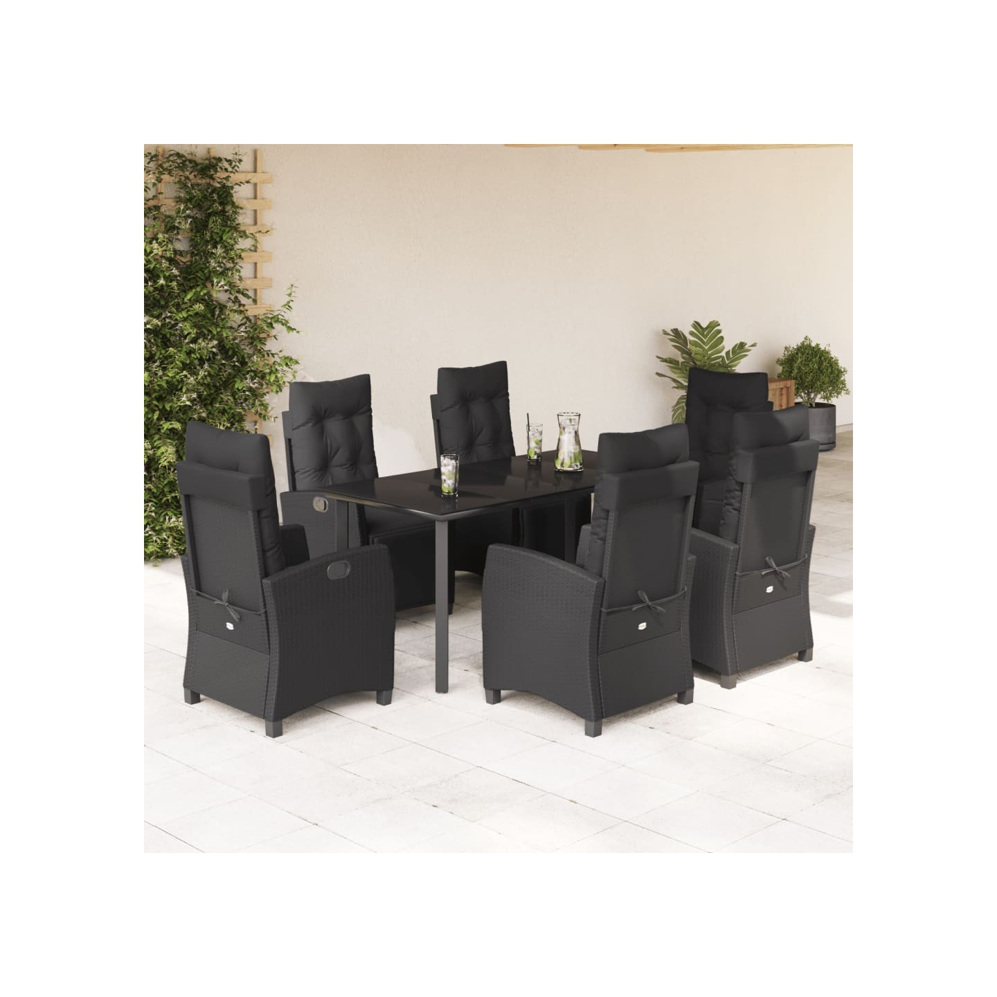 Ensemble à manger de jardin coussins 7pcs Noir Résine tressée