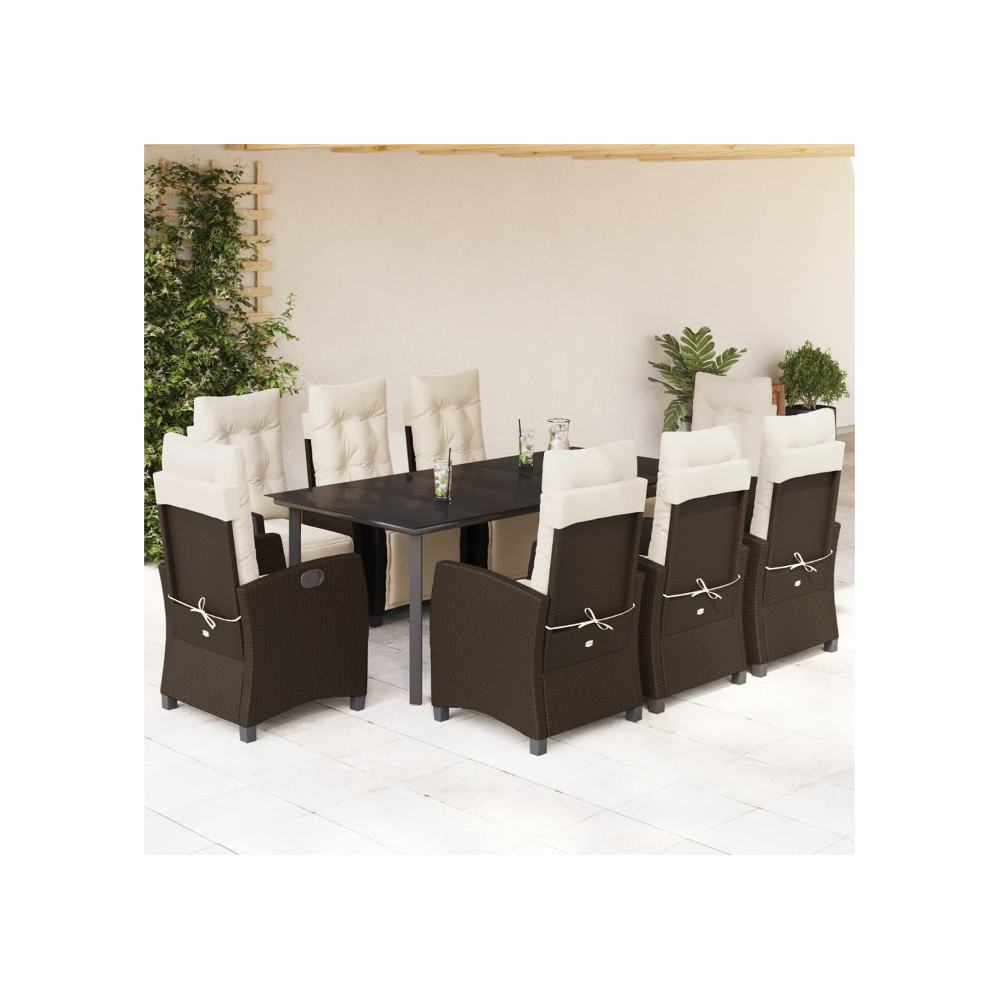 Ensemble à manger de jardin et coussins 9 pcs marron poly rotin