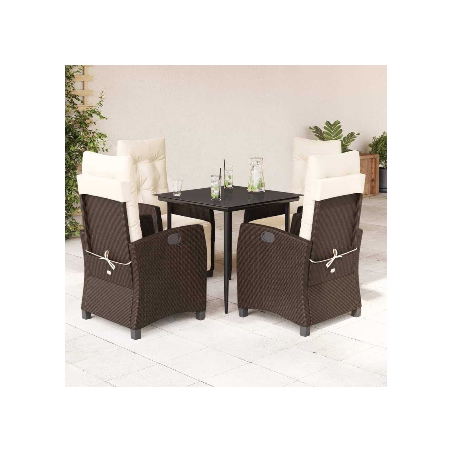 Ensemble à manger de jardin 5 pcs et coussins marron poly rotin