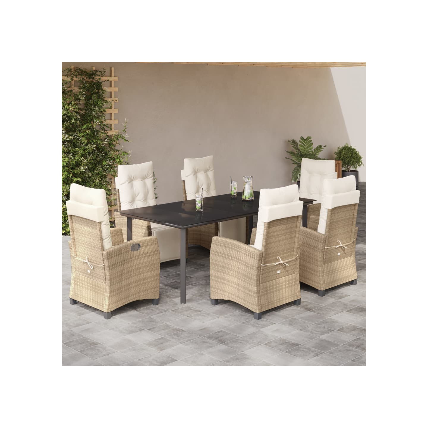Ensemble à manger de jardin et coussins 7 pcs beige poly rotin