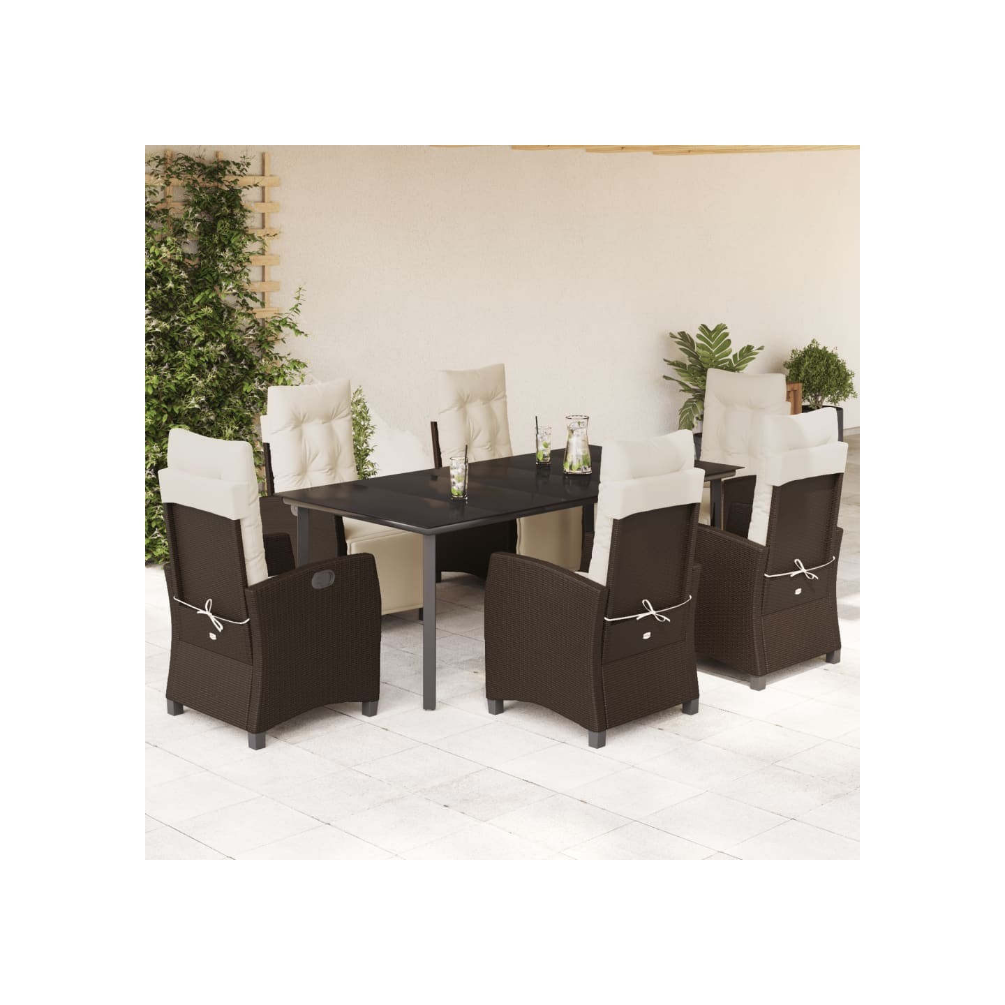 Ensemble à manger de jardin et coussins 7 pcs marron rotin