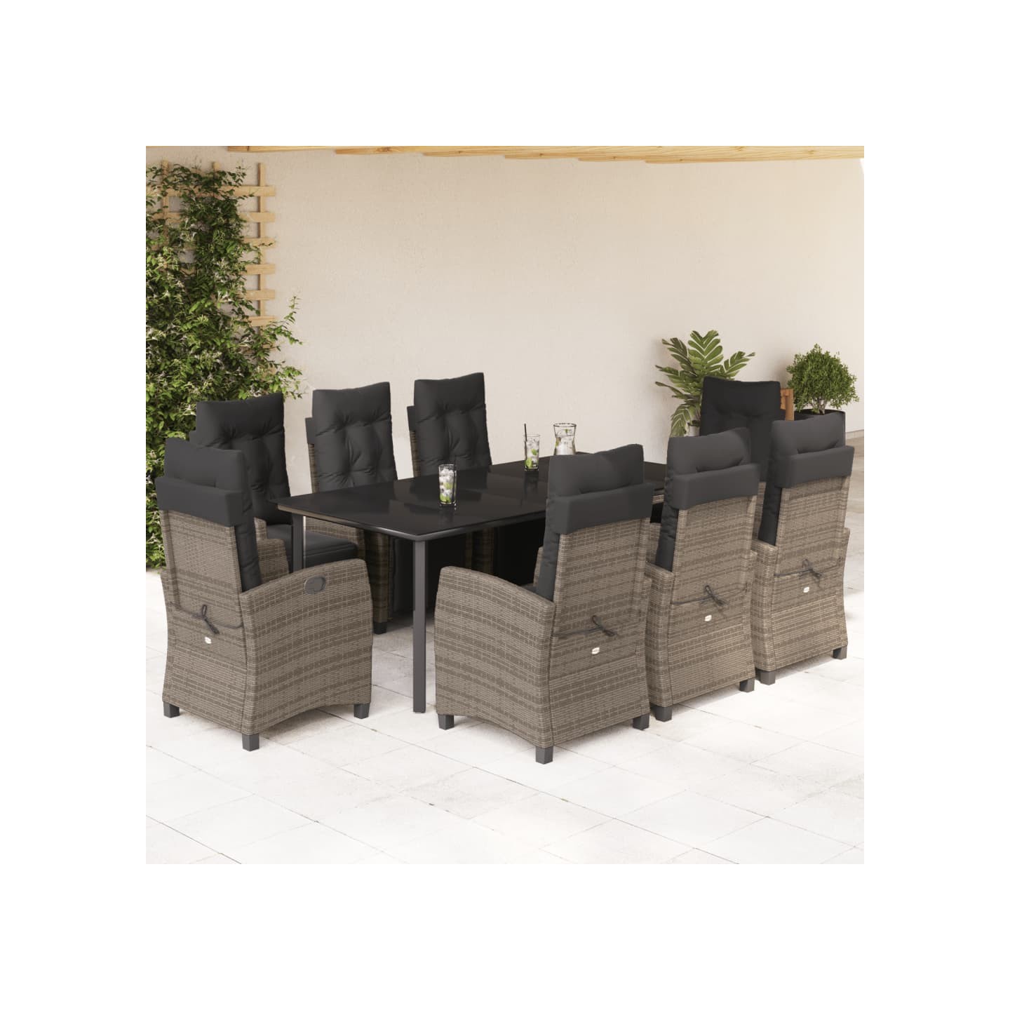 Ensemble à manger de jardin 9 pcs coussins gris résine tressée