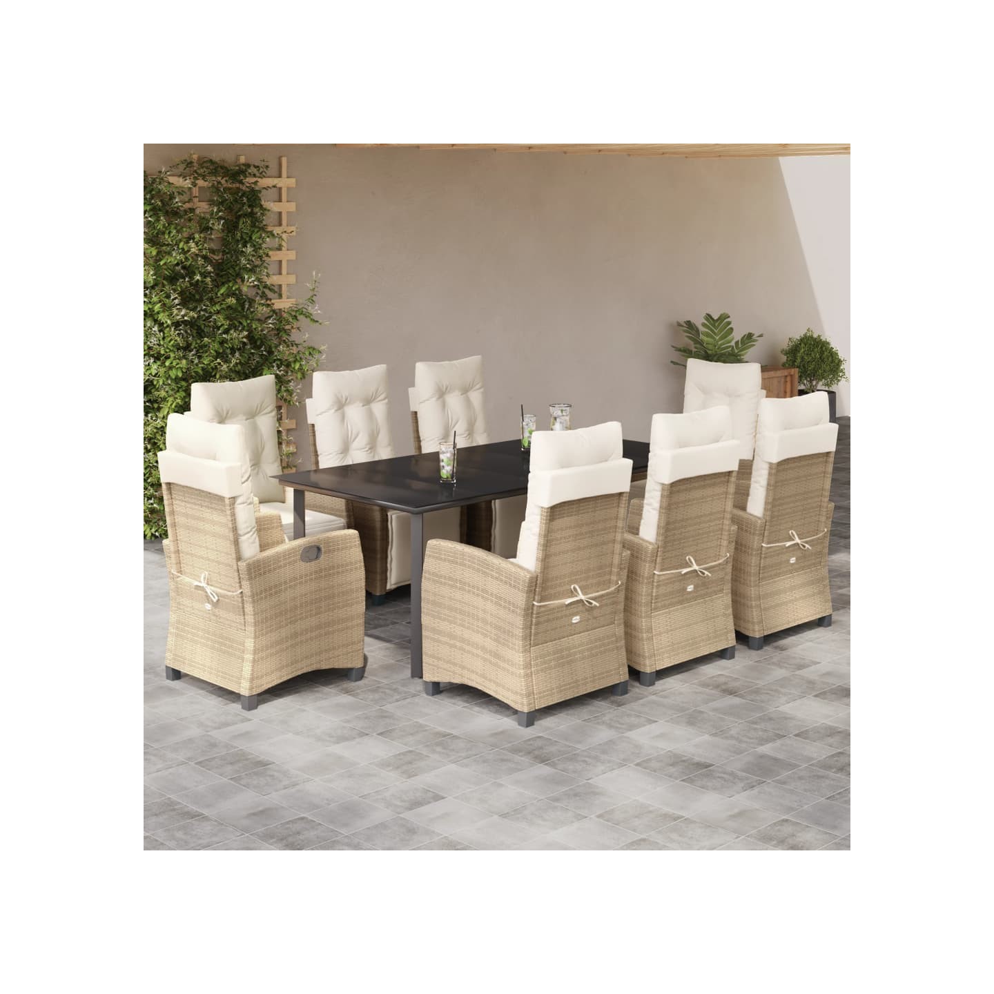 Ensemble à manger de jardin et coussins 9 pcs beige Poly rotin