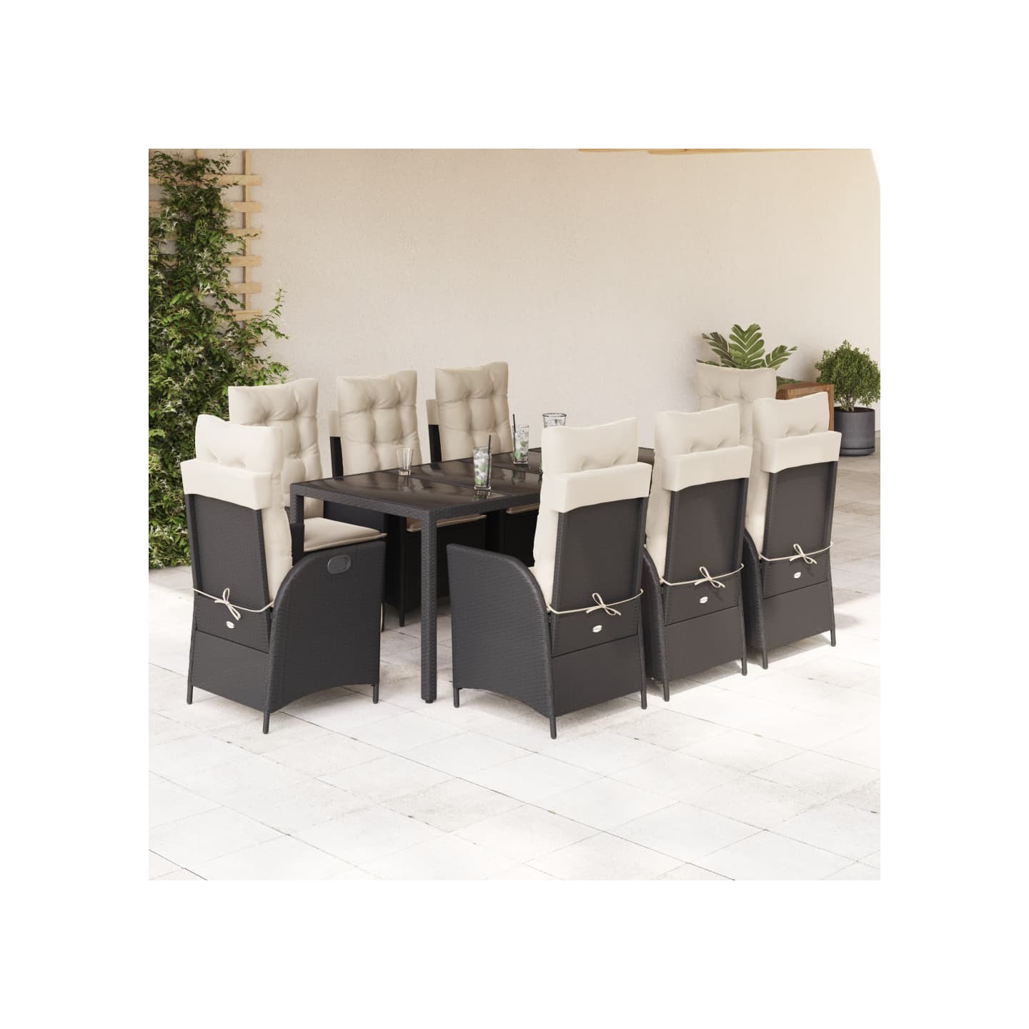 Ensemble à manger de jardin 9pcs coussins noir résine tressée