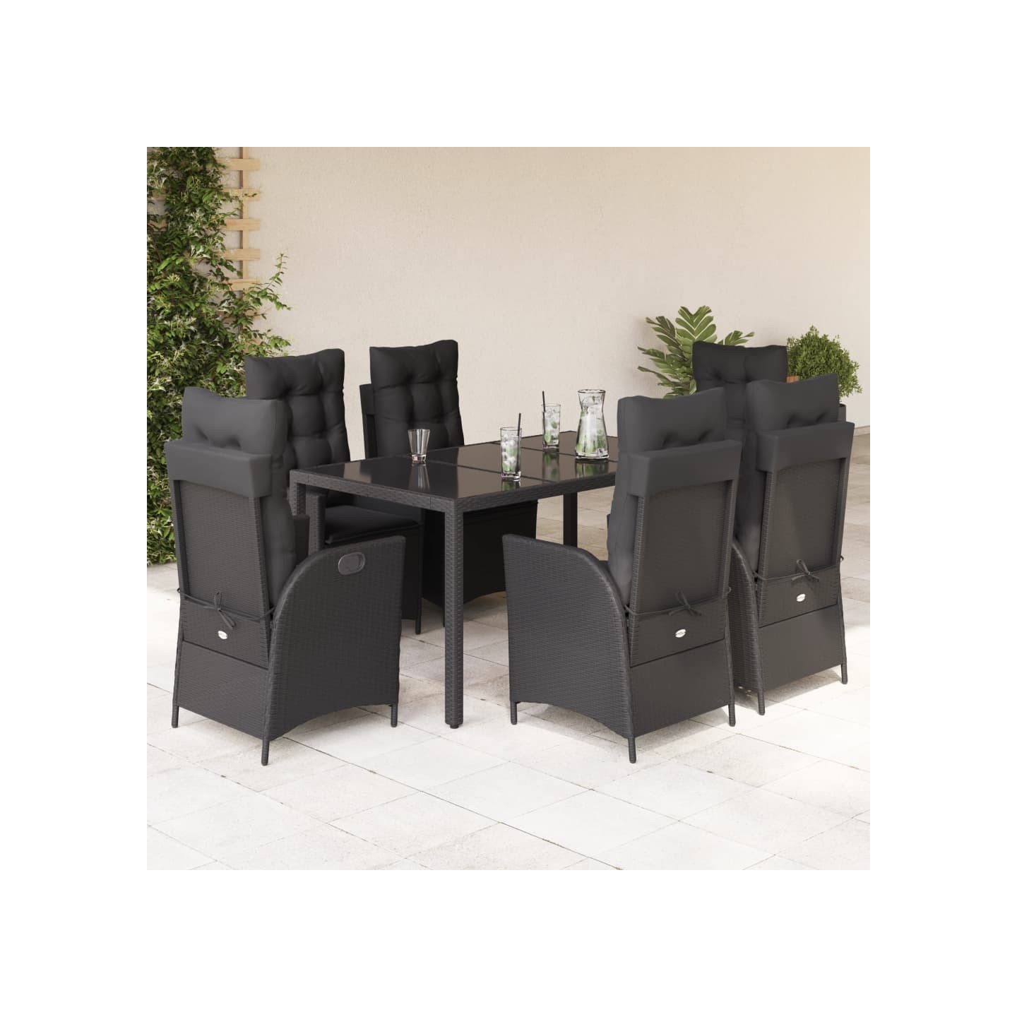 Ensemble à manger de jardin coussins 7pcs Noir Résine tressée