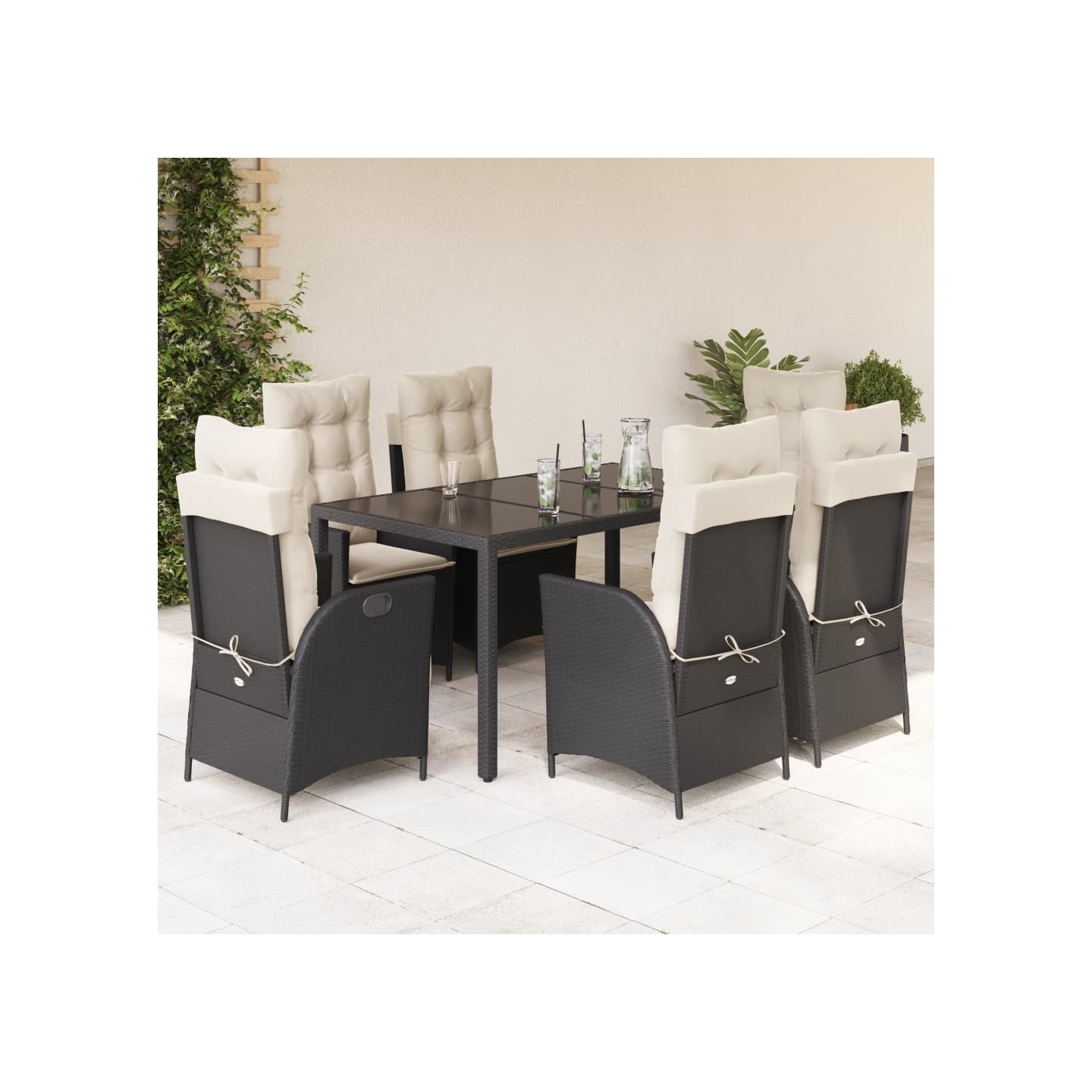 Ensemble à manger de jardin coussins 7pcs Noir Résine tressée
