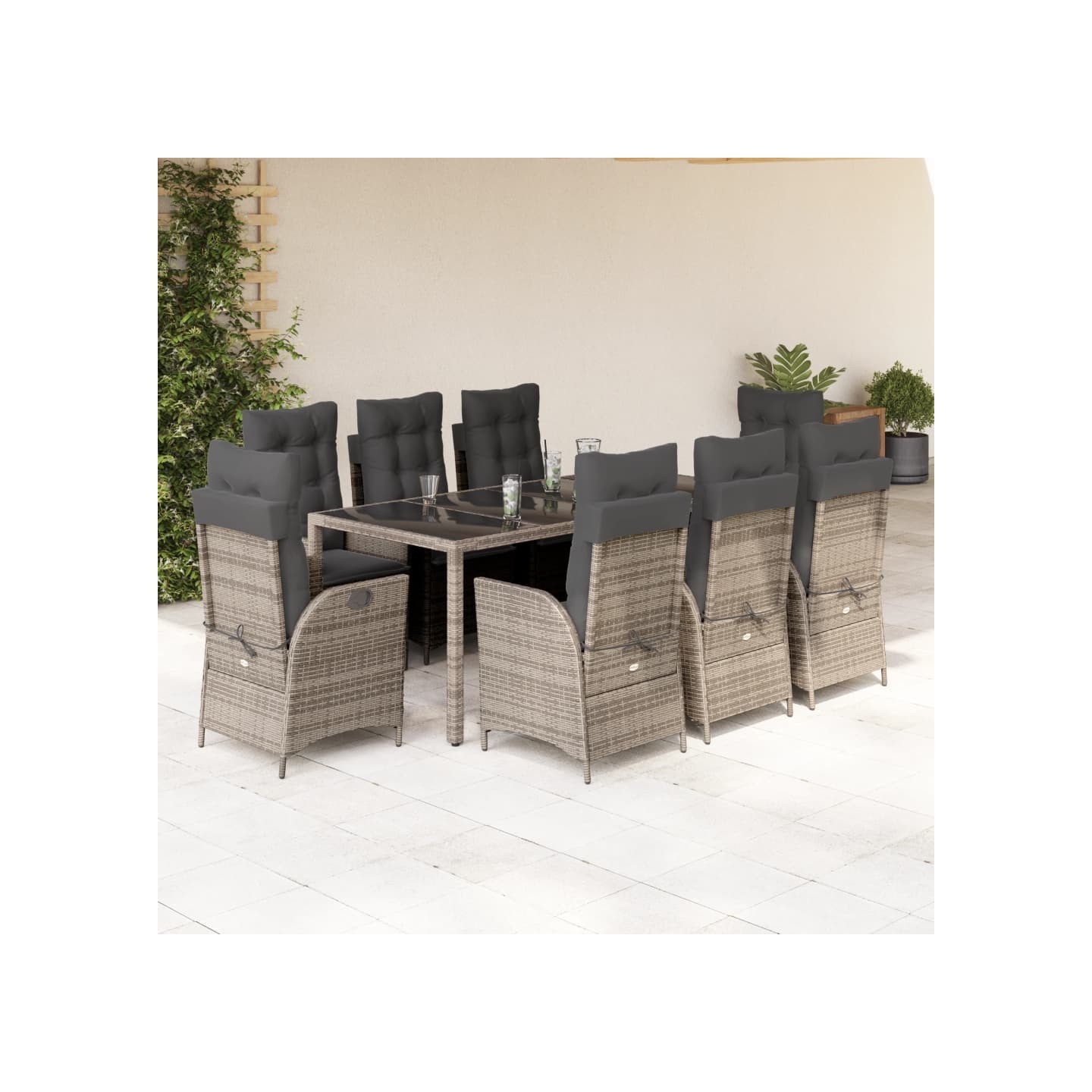Ensemble à manger de jardin 9 pcs coussins gris résine tressée