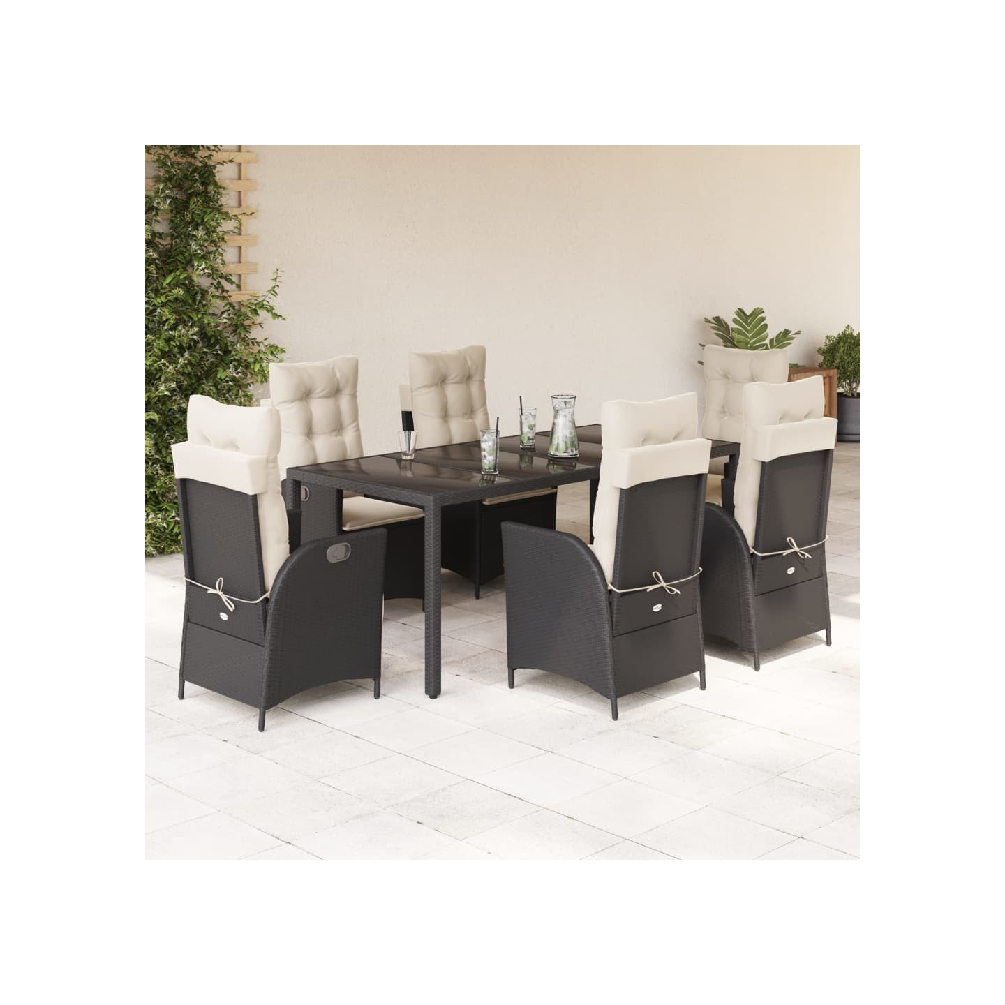 Ensemble à manger de jardin coussins 7pcs Noir Résine tressée