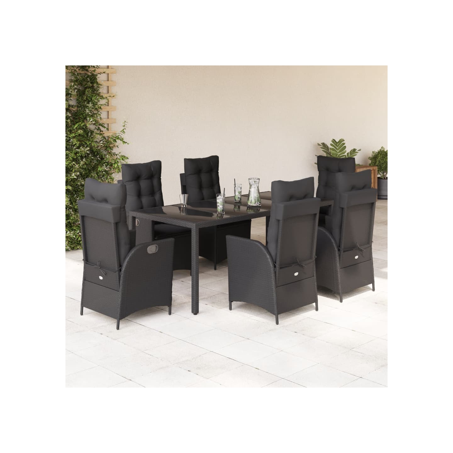 Ensemble à manger de jardin coussins 7pcs Noir Résine tressée