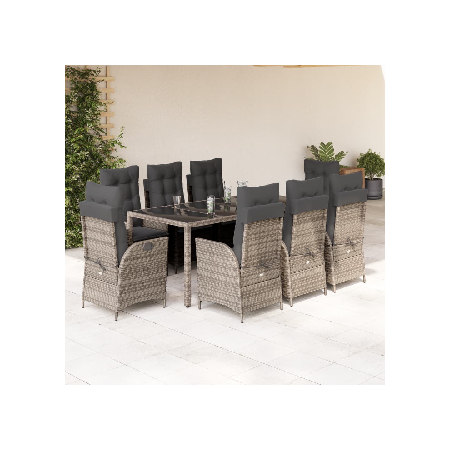 Ensemble à manger de jardin 9 pcs coussins gris résine tressée