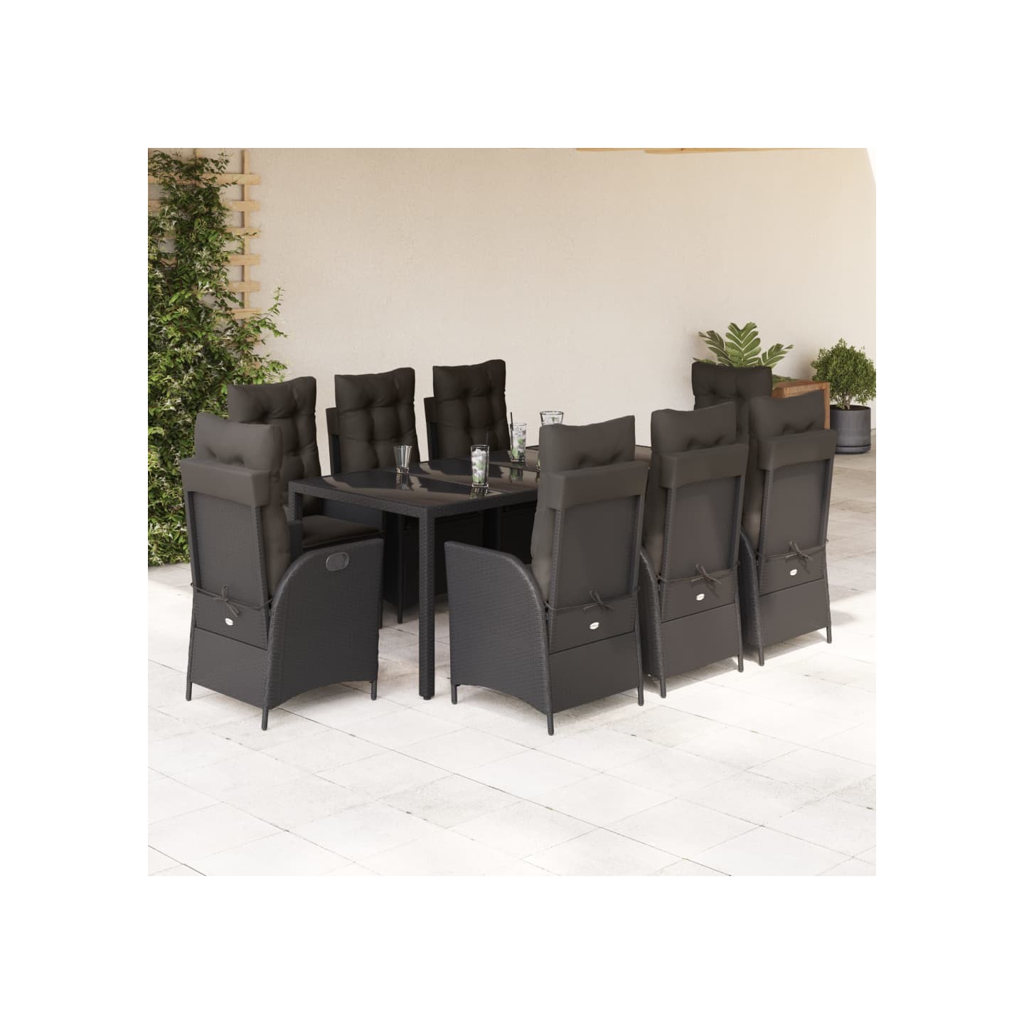 Ensemble à manger de jardin 9pcs coussins noir résine tressée