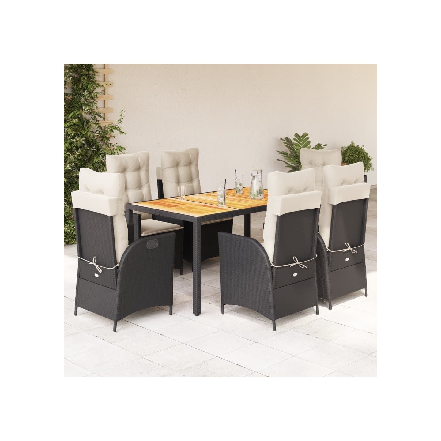 Ensemble à manger de jardin coussins 7pcs Noir Résine tressée