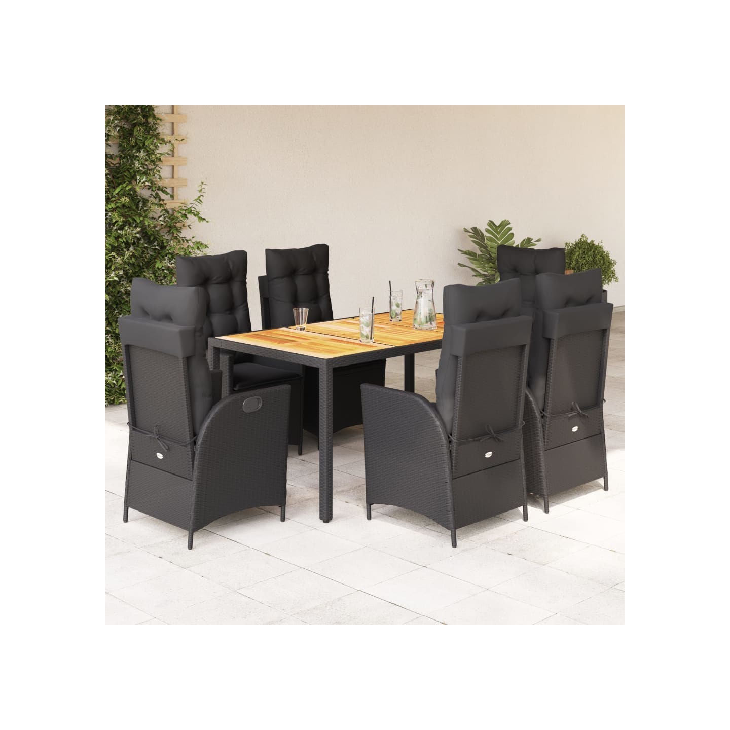Ensemble à manger de jardin coussins 7pcs Noir Résine tressée