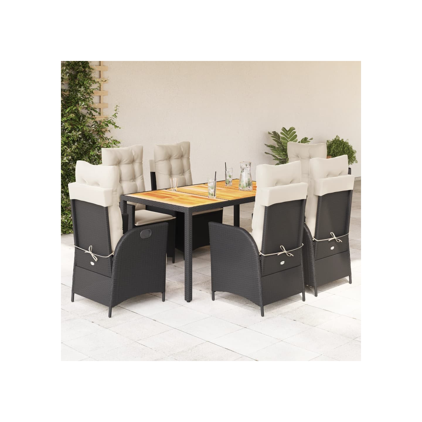 Ensemble à manger de jardin coussins 7pcs Noir Résine tressée