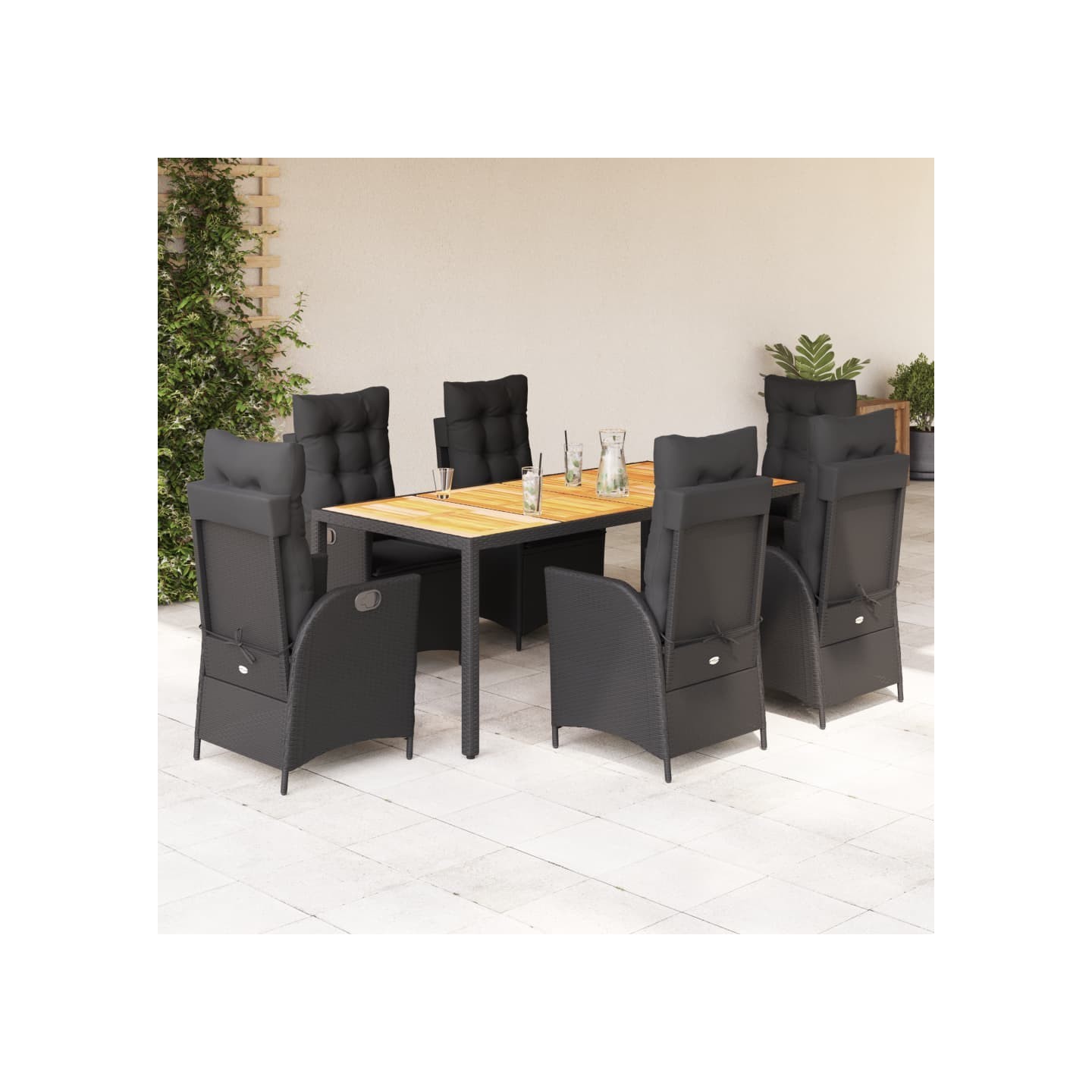 Ensemble à manger de jardin coussins 7pcs Noir Résine tressée