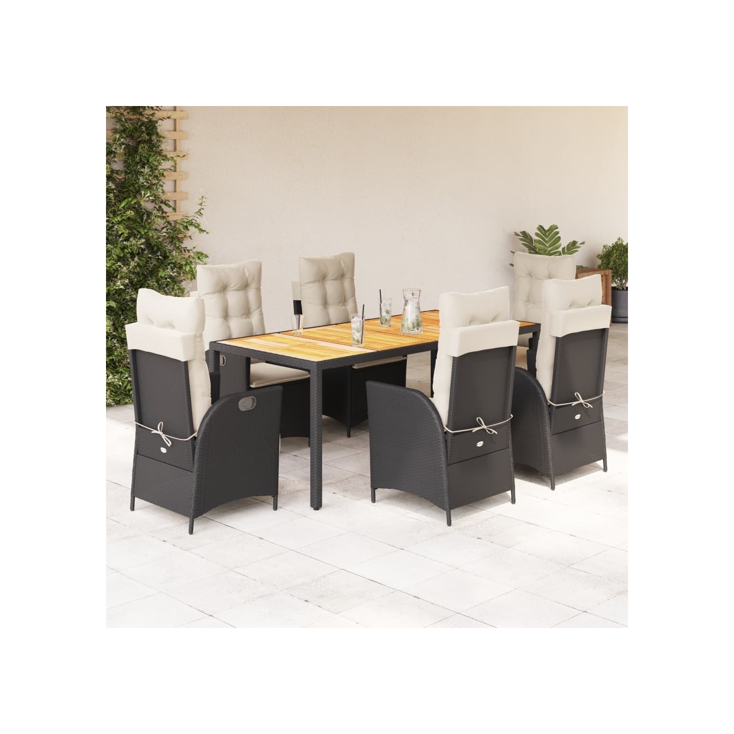 Ensemble à manger de jardin coussins 7pcs Noir Résine tressée