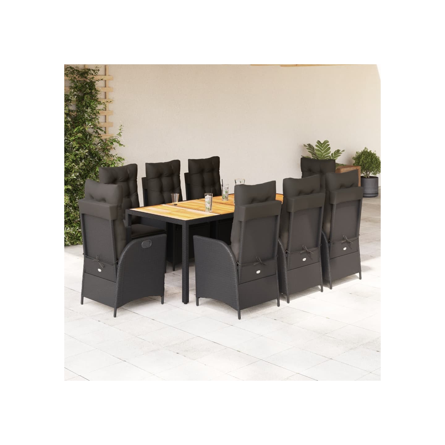 Ensemble à manger de jardin 9pcs coussins noir résine tressée