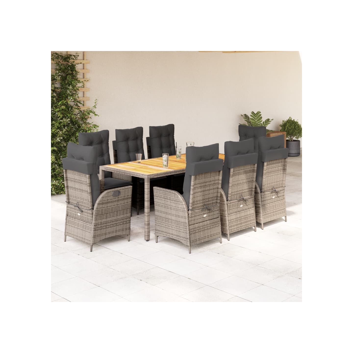 Ensemble à manger de jardin 9 pcs coussins gris résine tressée