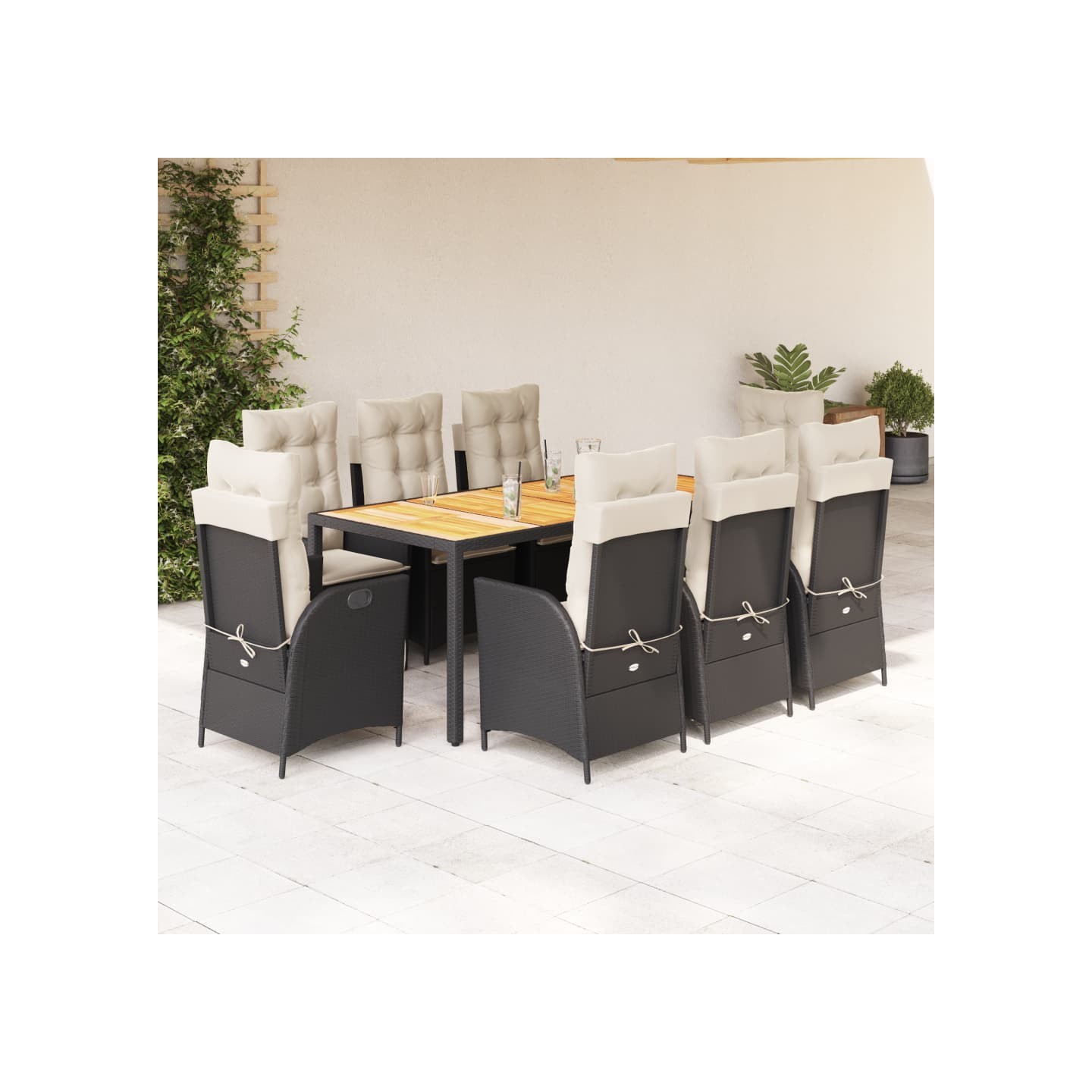 Ensemble à manger de jardin 9pcs coussins noir résine tressée