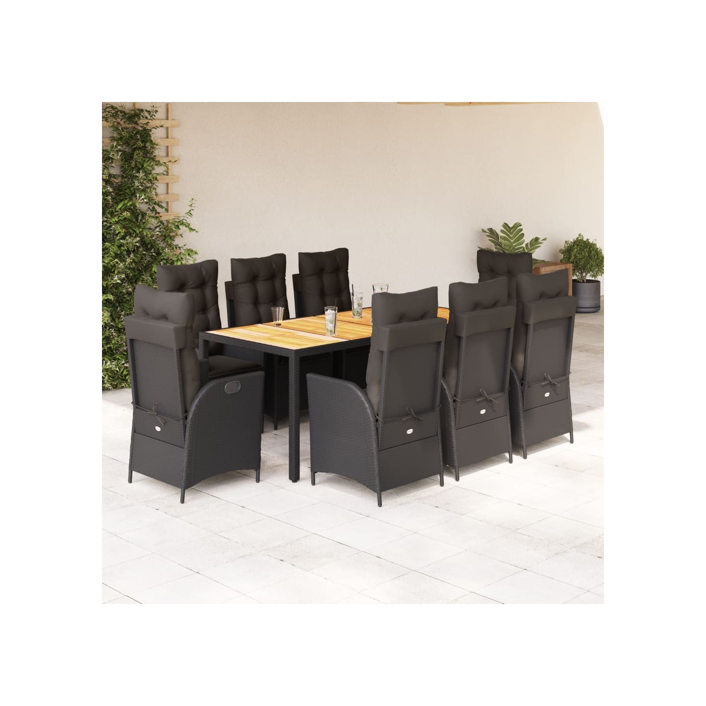 Ensemble à manger de jardin 9pcs coussins noir résine tressée
