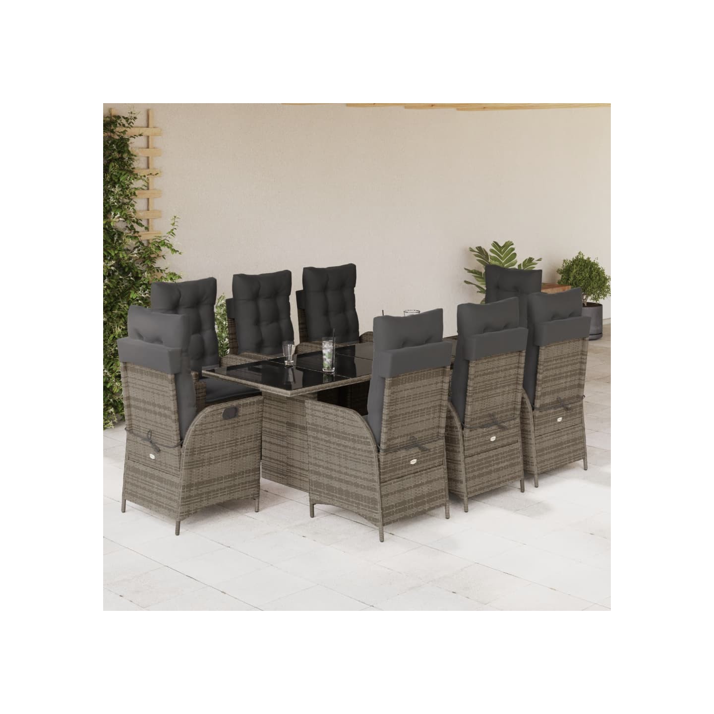 Ensemble à manger de jardin 9 pcs coussins gris résine tressée
