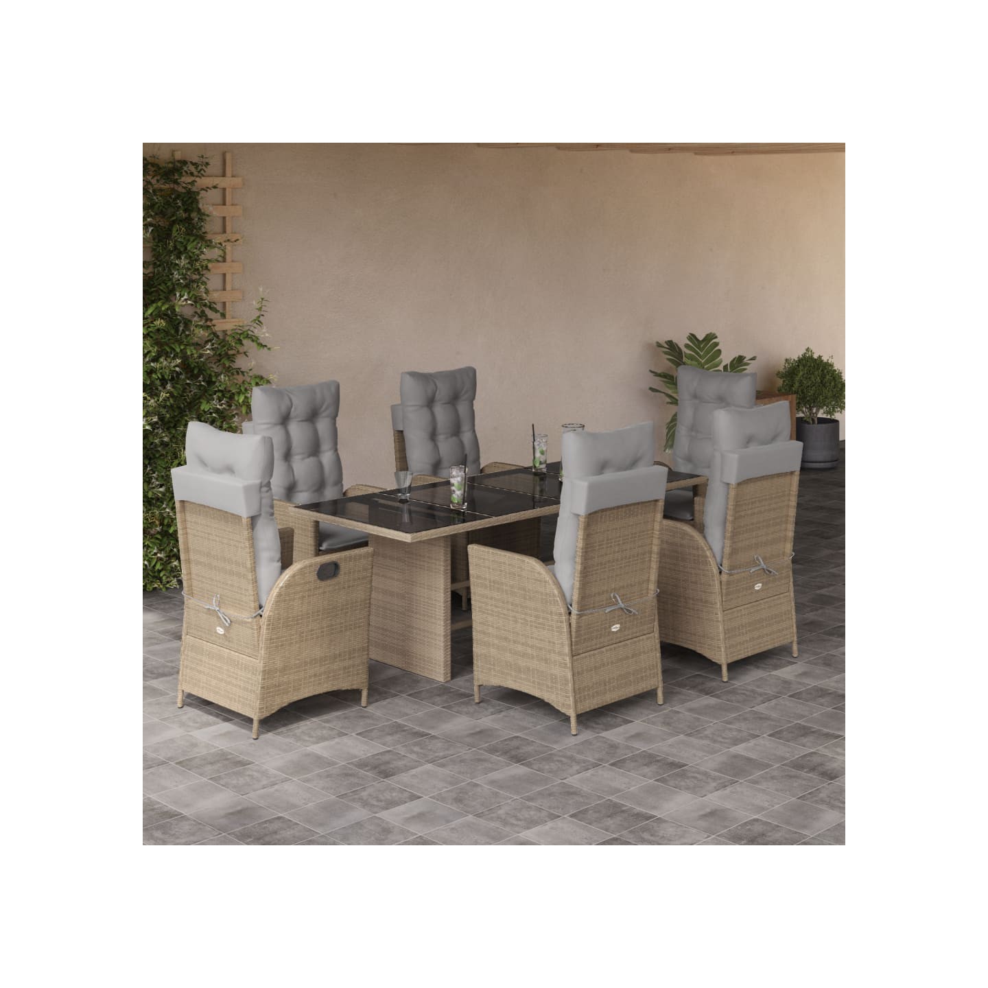 Ensemble à manger de jardin coussins 7 pcs mélange beige rotin