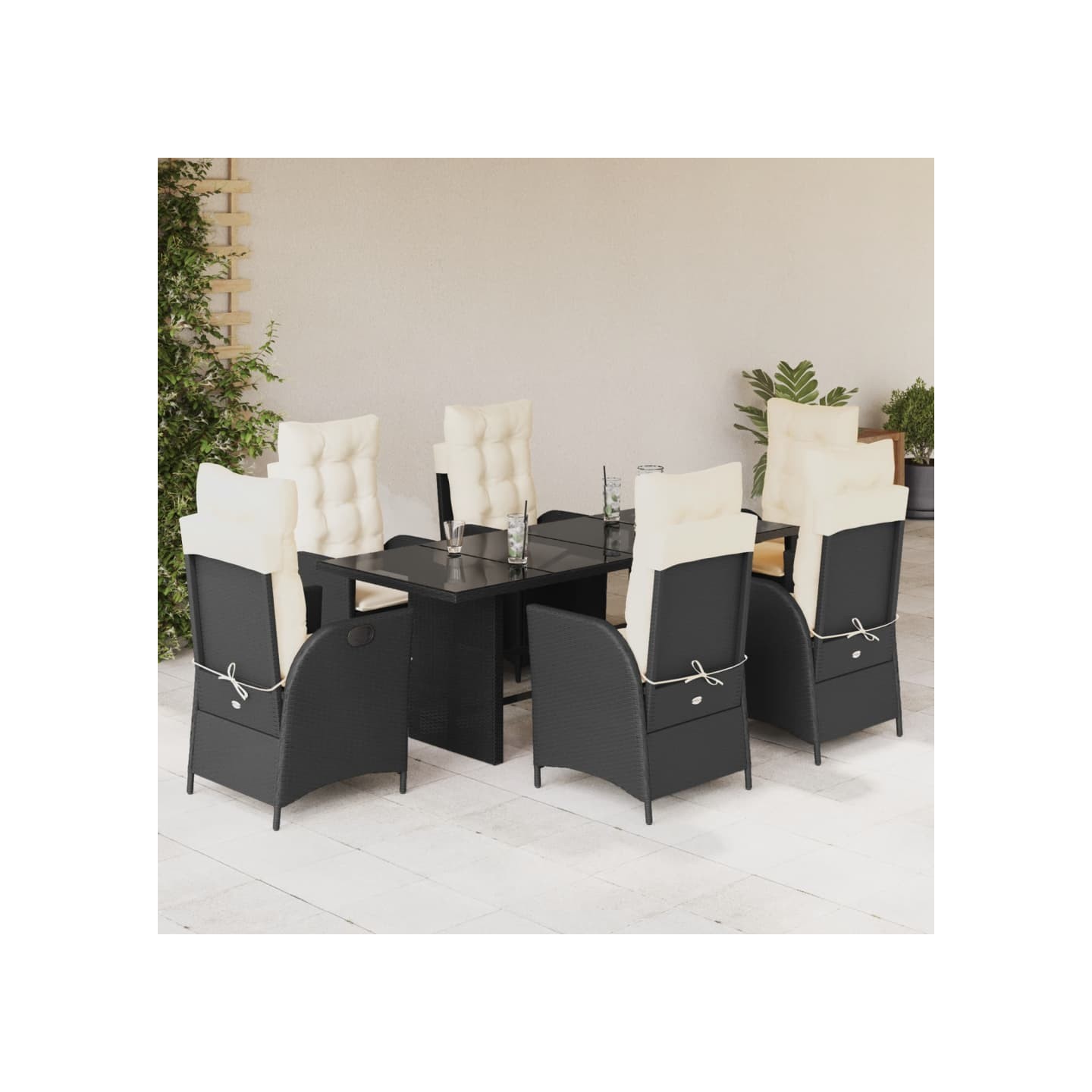 Ensemble à manger de jardin coussins 7pcs Noir Résine tressée