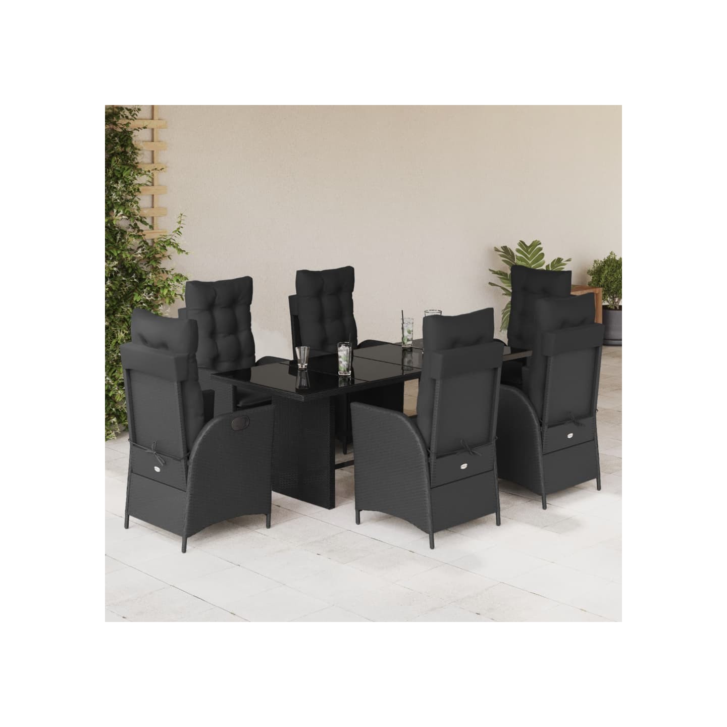 Ensemble à manger de jardin coussins 7pcs Noir Résine tressée