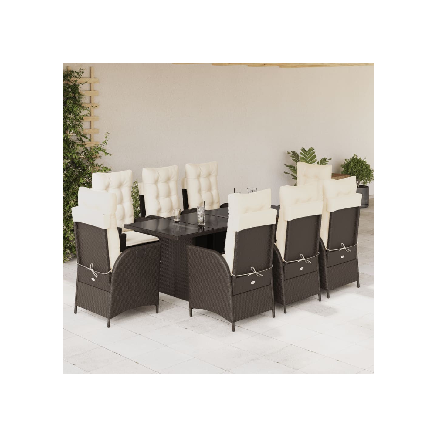 Ensemble à manger de jardin et coussins 9 pcs marron poly rotin