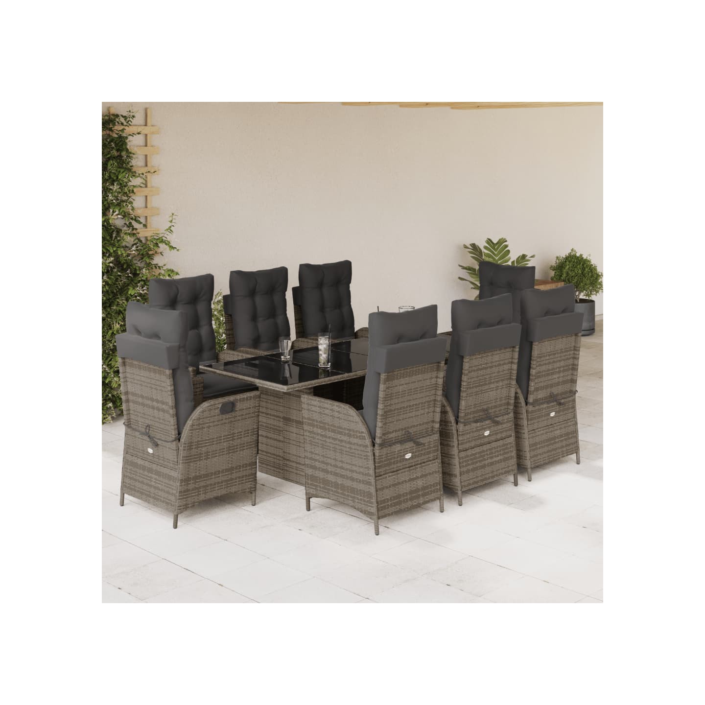 Ensemble à manger de jardin 9 pcs coussins gris résine tressée