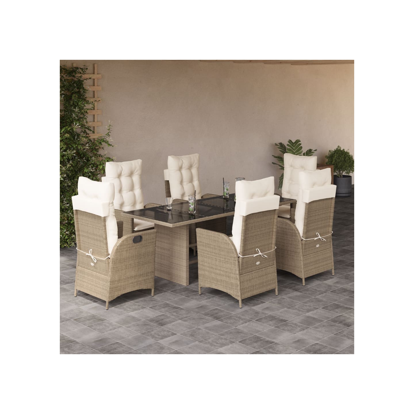 Ensemble à manger de jardin et coussins 7 pcs beige poly rotin