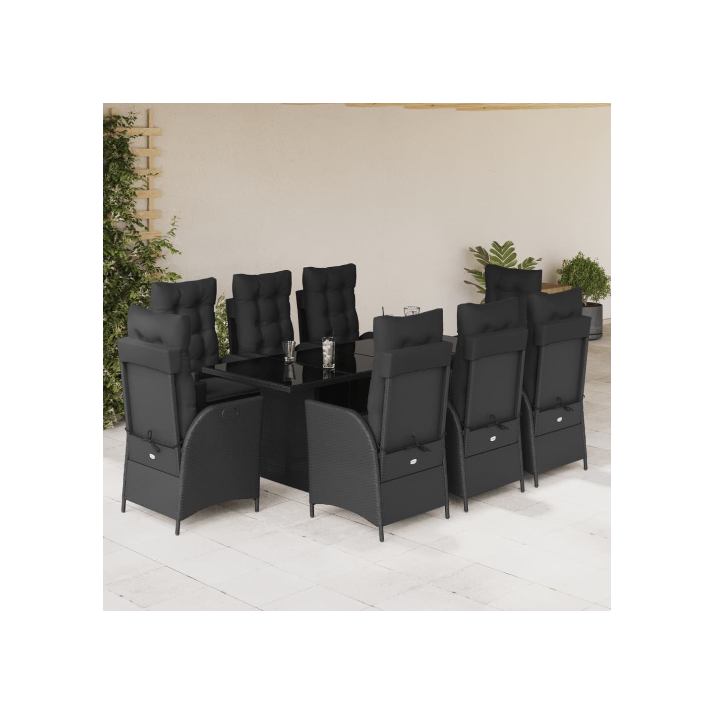 Ensemble à manger de jardin 9pcs coussins noir résine tressée