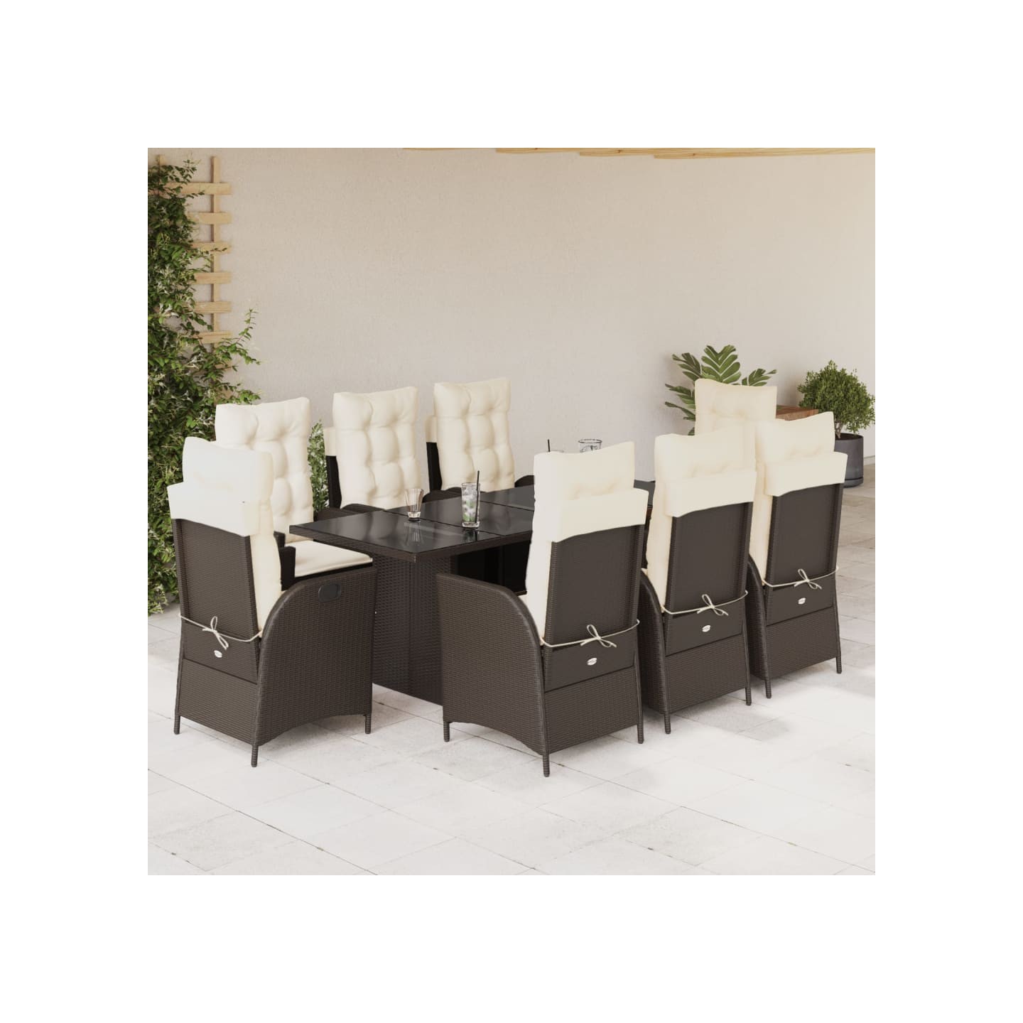 Ensemble à manger de jardin et coussins 9 pcs marron poly rotin