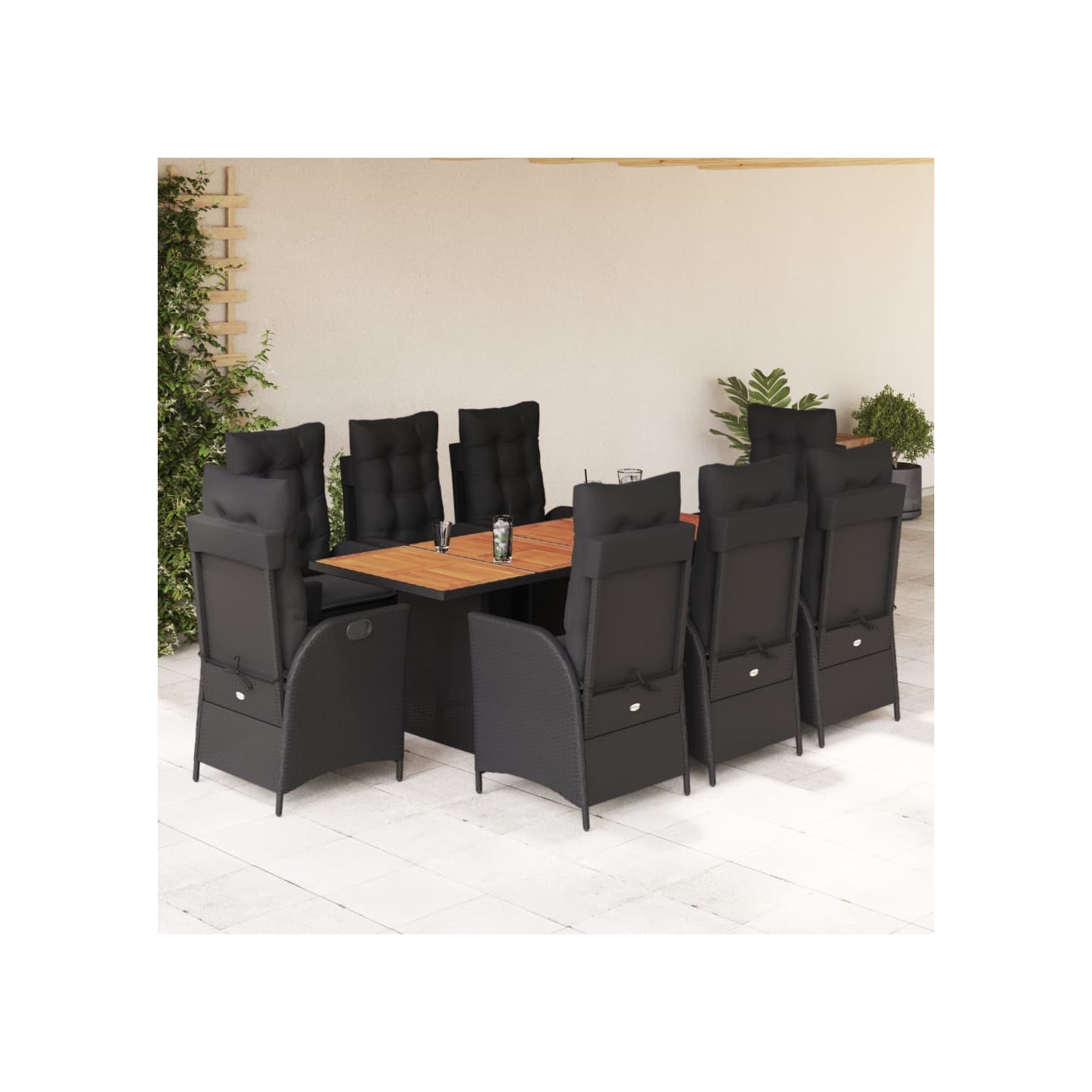 Ensemble à manger de jardin 9pcs coussins noir résine tressée
