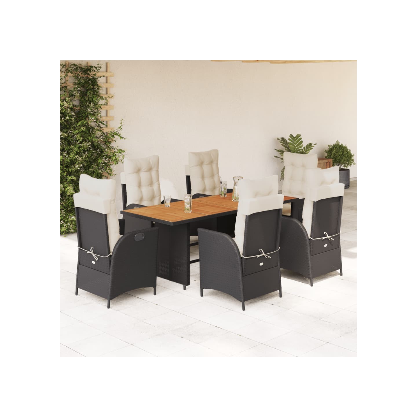 Ensemble à manger de jardin coussins 7pcs Noir Résine tressée