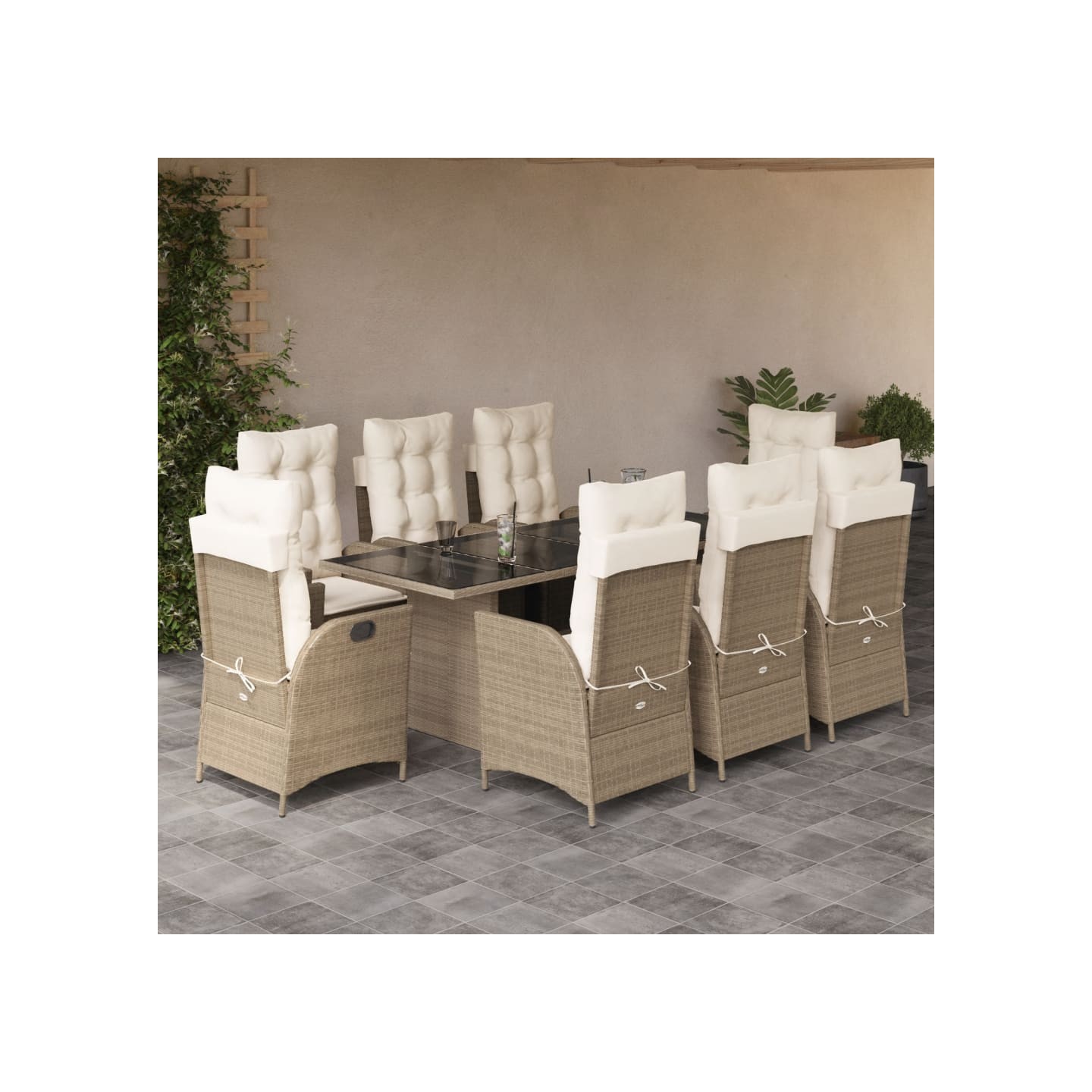 Ensemble à manger de jardin et coussins 9 pcs beige Poly rotin