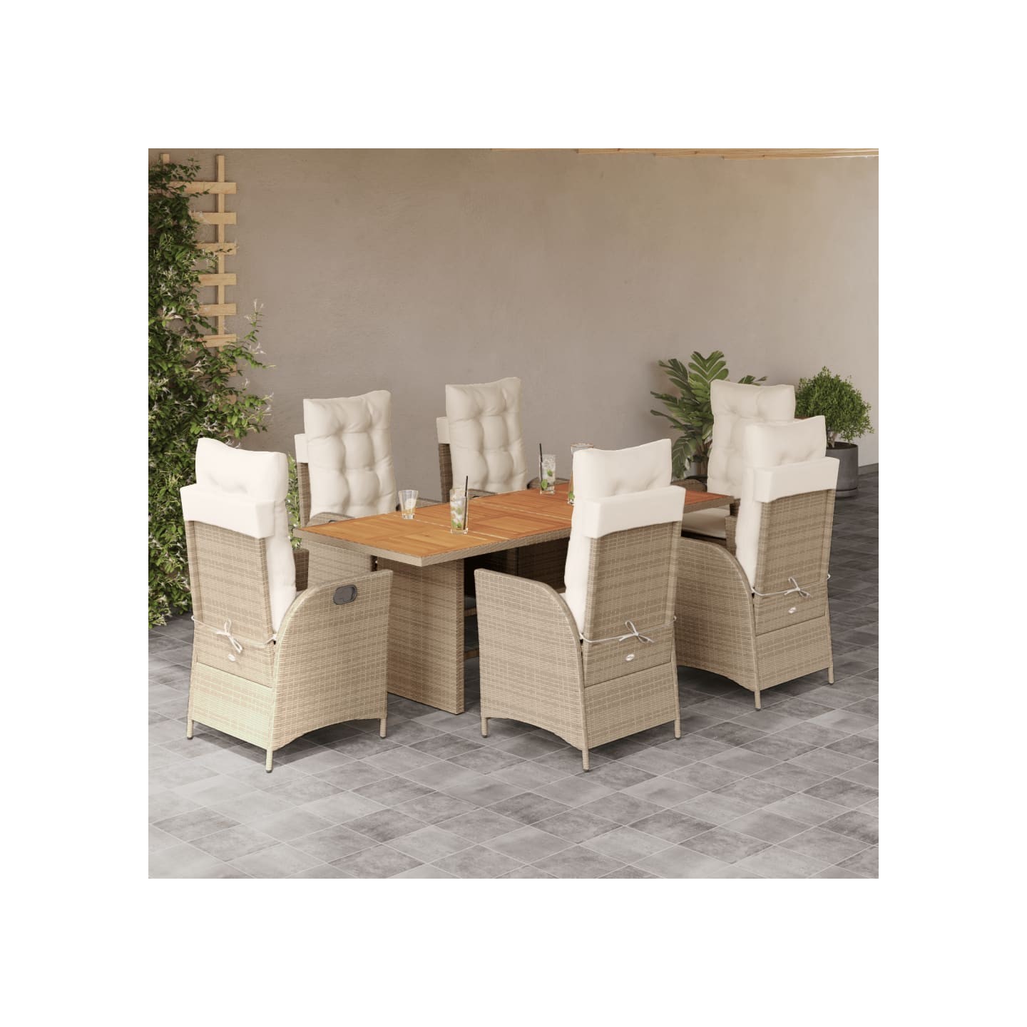 Ensemble à manger de jardin et coussins 7 pcs beige poly rotin