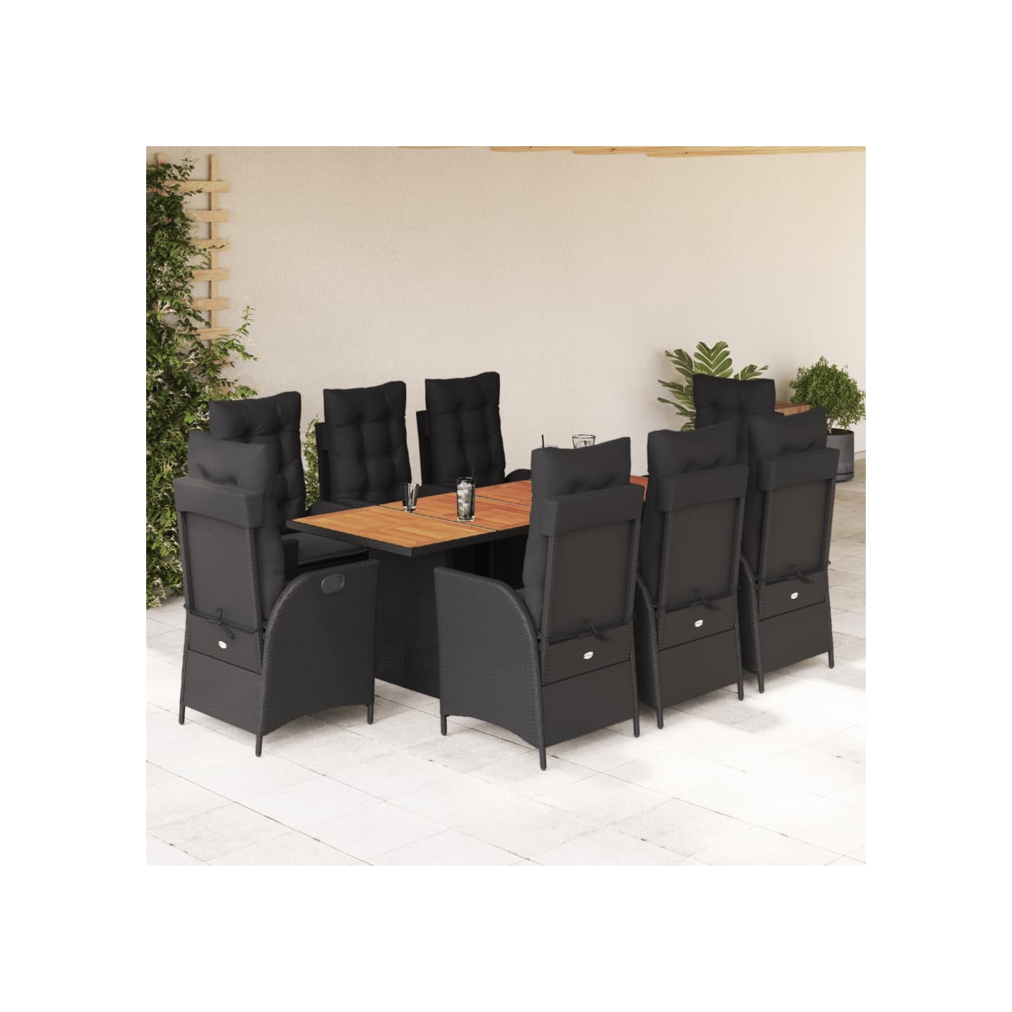 Ensemble à manger de jardin 9pcs coussins noir résine tressée