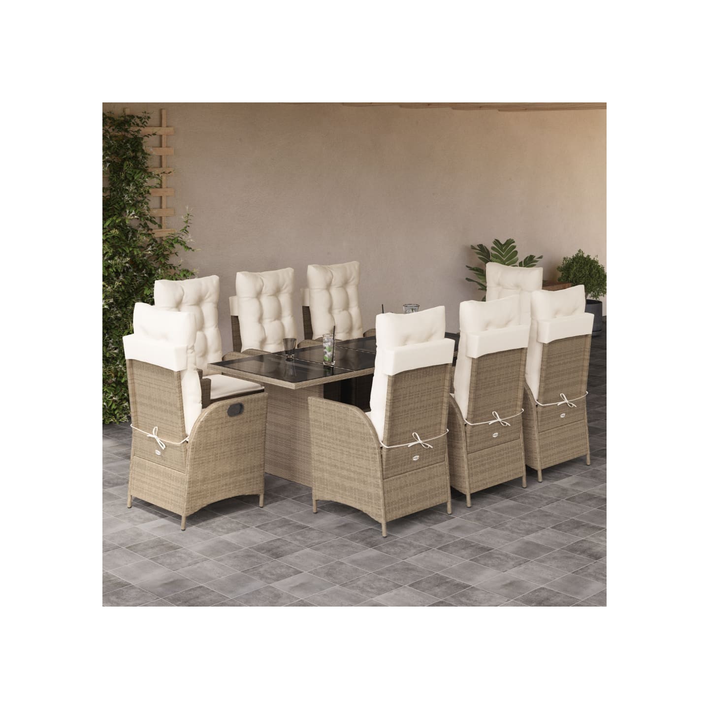 Ensemble à manger de jardin et coussins 9 pcs beige Poly rotin