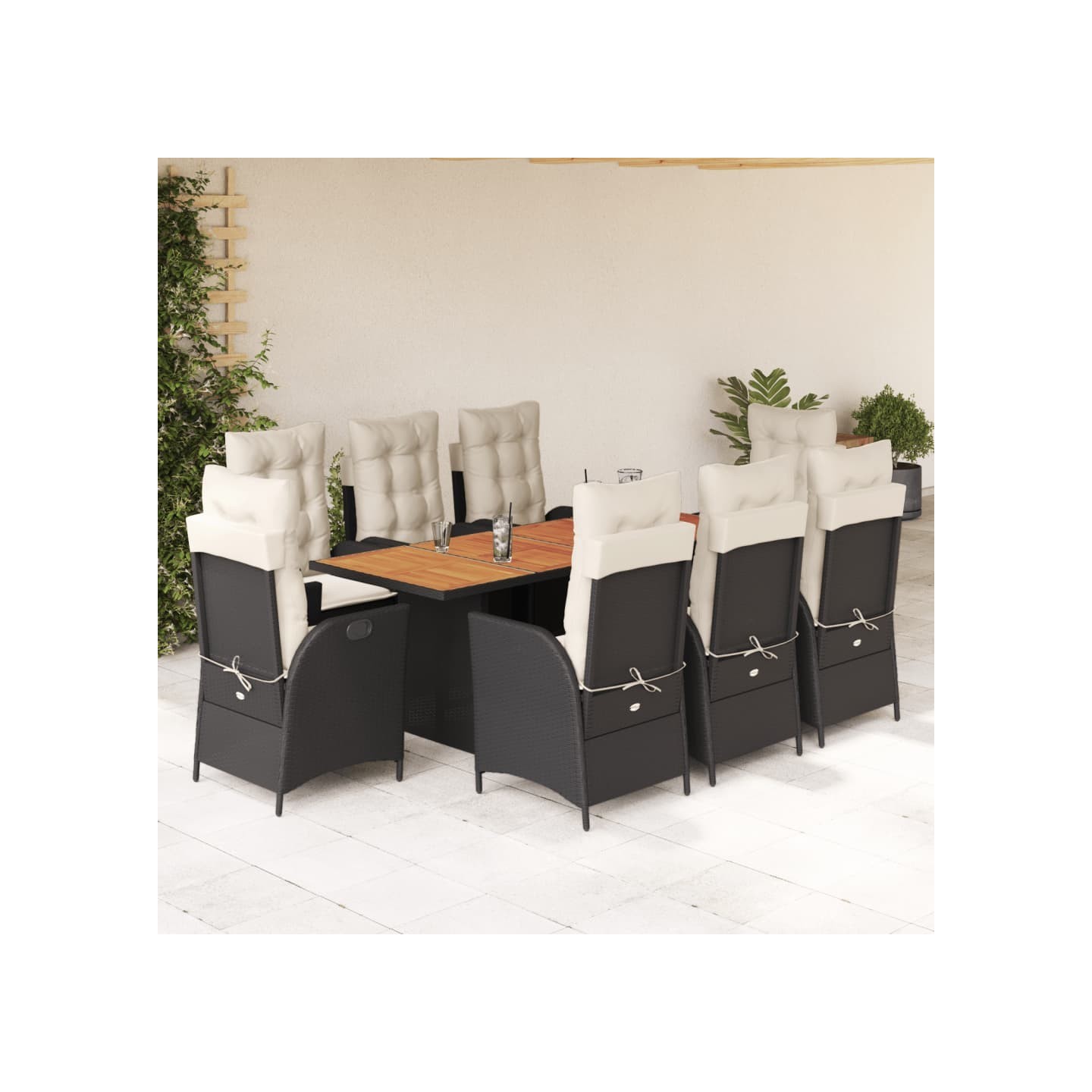 Ensemble à manger de jardin 9pcs coussins noir résine tressée