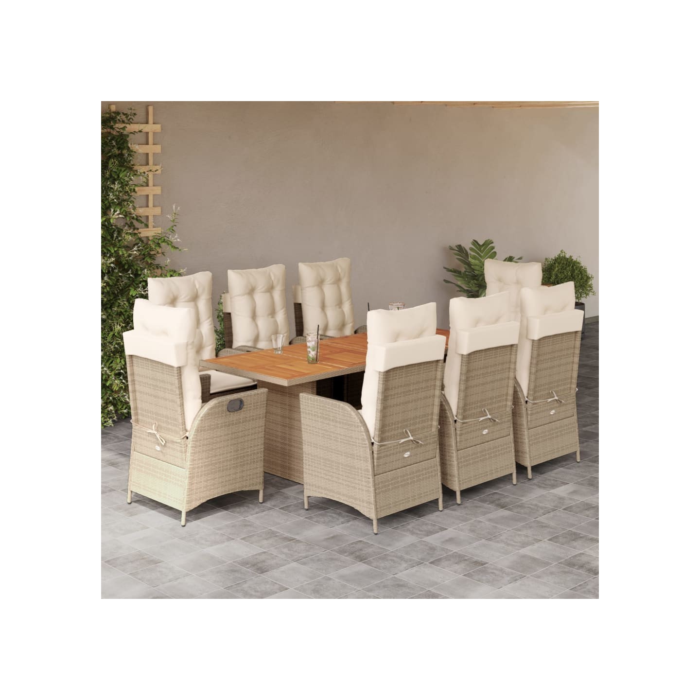 Ensemble à manger de jardin et coussins 9 pcs beige Poly rotin