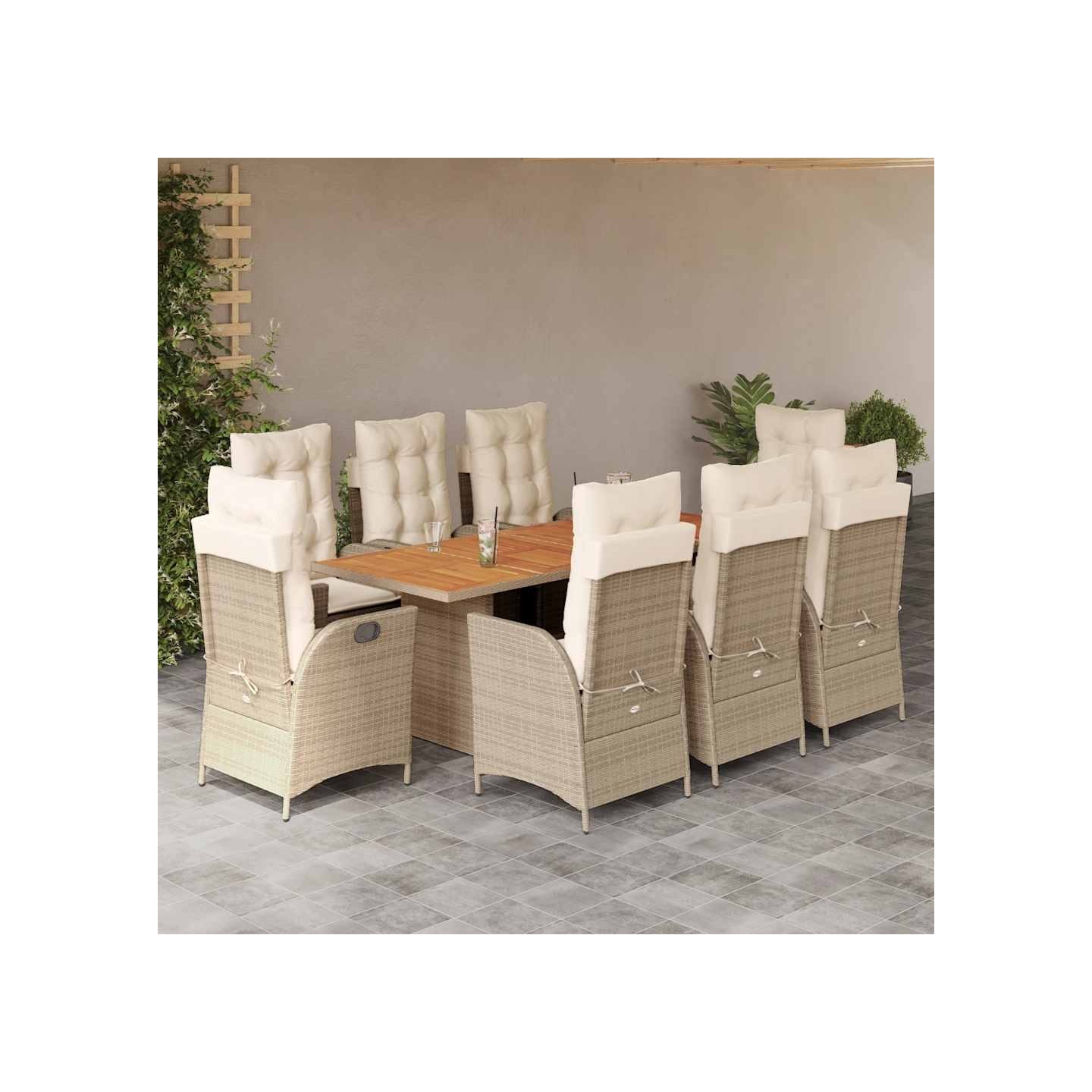 Ensemble à manger de jardin et coussins 9 pcs beige Poly rotin