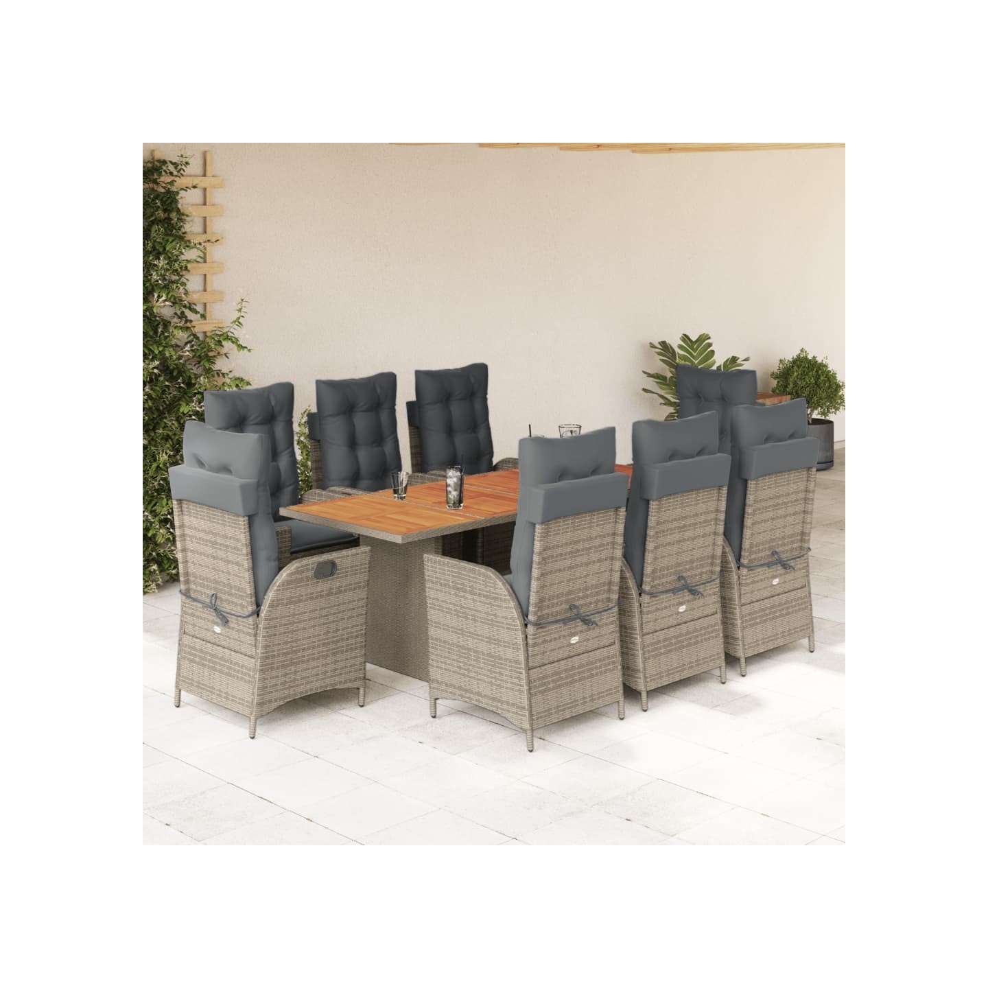 Ensemble à manger de jardin 9 pcs coussins gris résine tressée