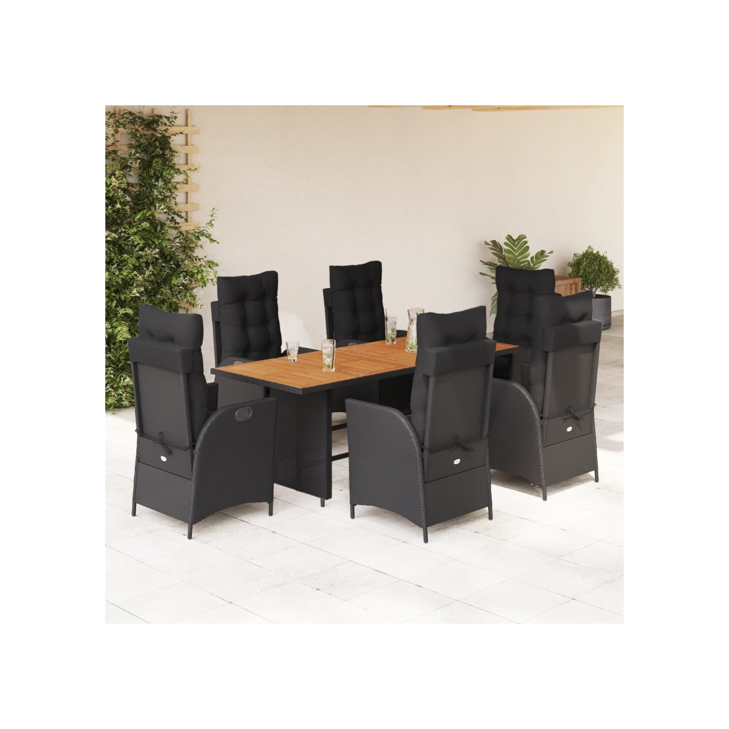 Ensemble à manger de jardin coussins 7pcs Noir Résine tressée