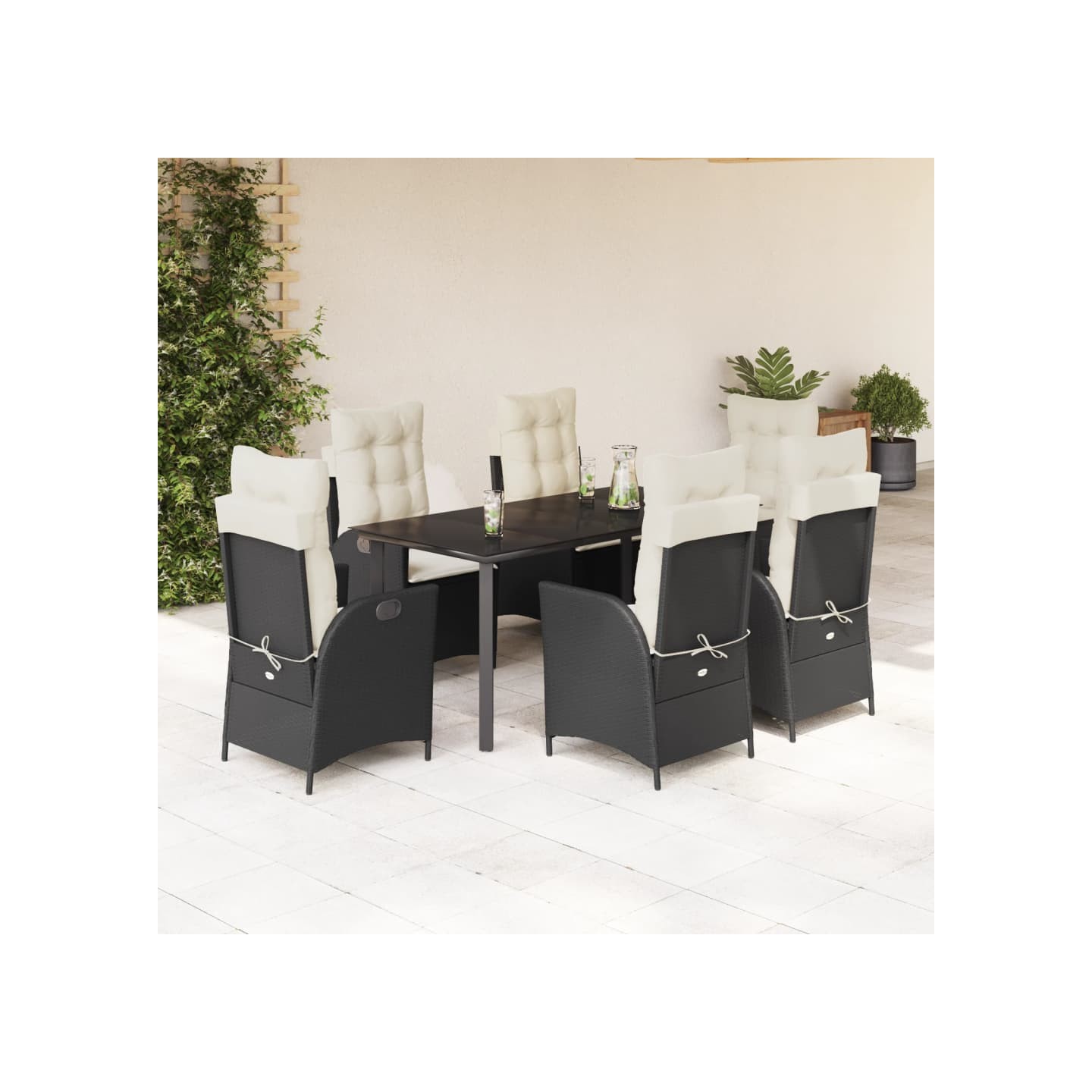 Ensemble à manger de jardin coussins 7pcs Noir Résine tressée