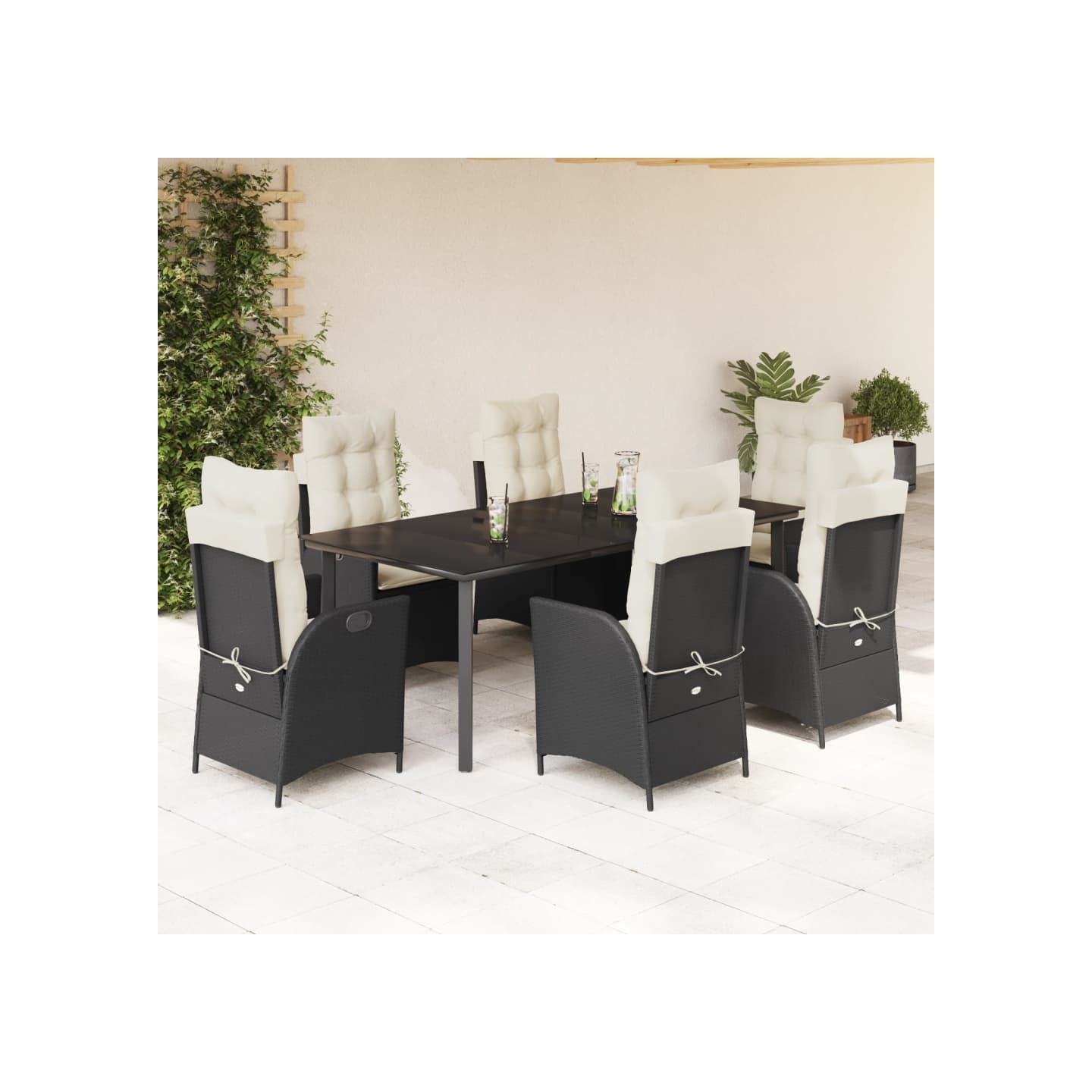 Ensemble à manger de jardin coussins 7pcs Noir Résine tressée