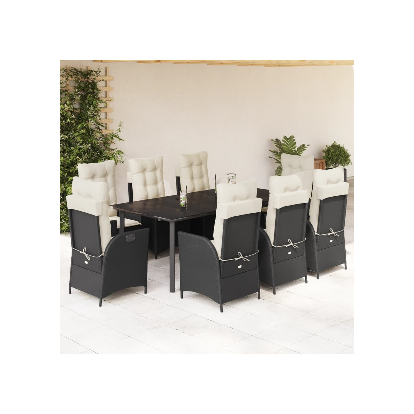 Ensemble à manger de jardin 9pcs coussins noir résine tressée